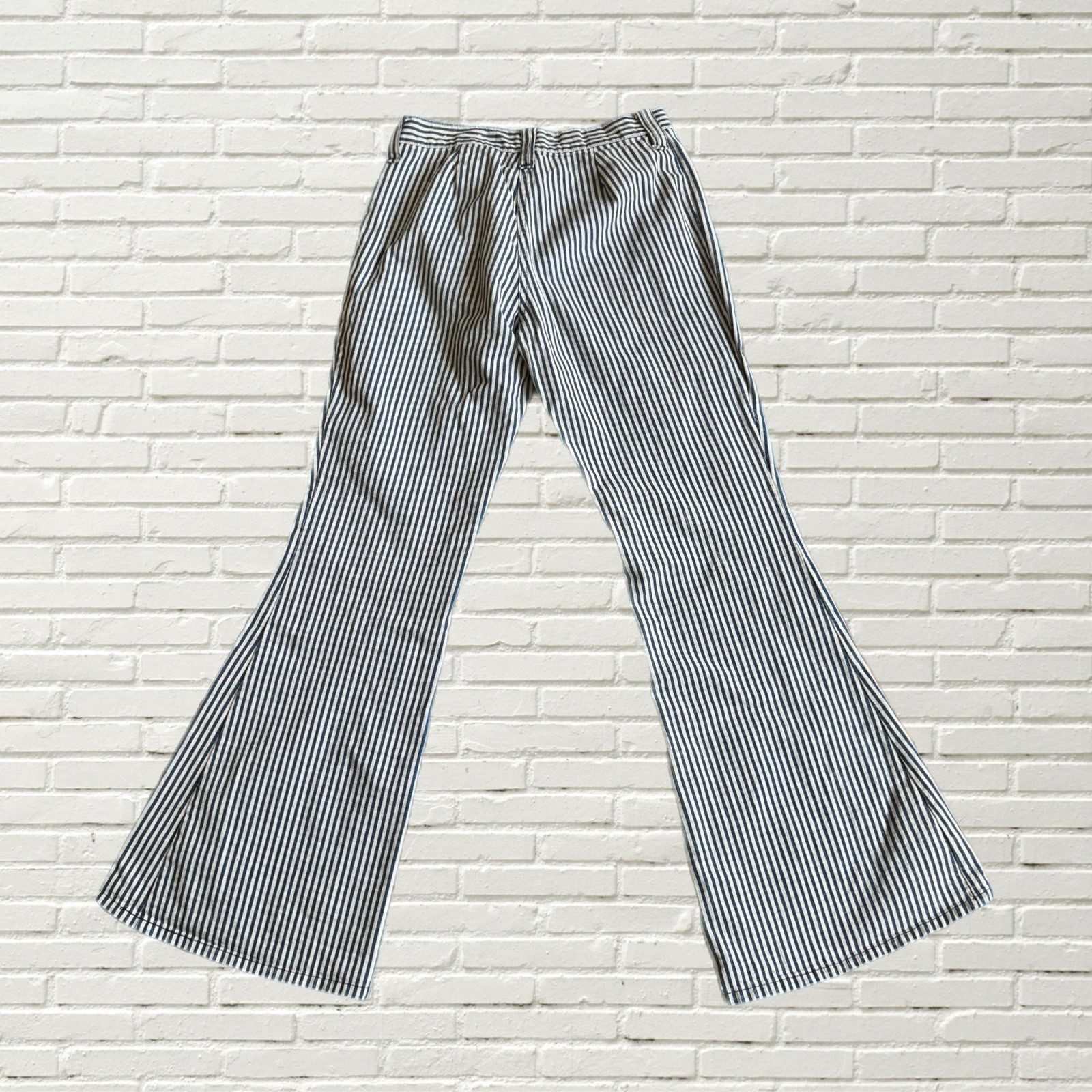 Vintage 70s Bell Bottom Jeans – Cream And Blue Striped Denim Flare Leg Hippie