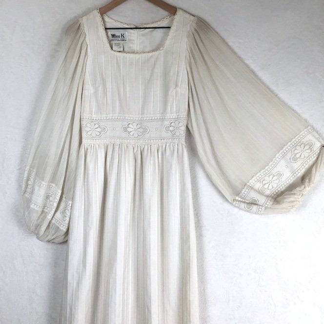 VTG MISS K Alfred Shaheen Lace Maxi Dress Bishop Sleeve Sz 9/10 White Wedding US