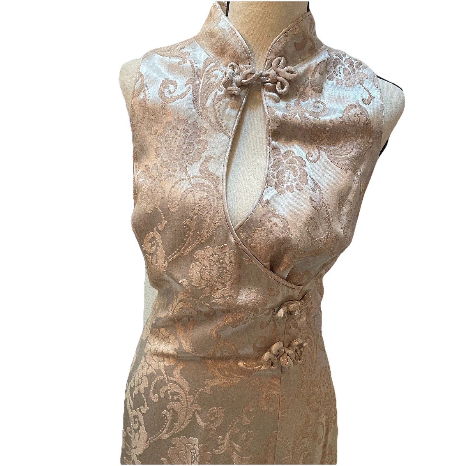 VTG 80s Niki Originals Brocade Cheongsam Maxi Gown Dress Gold Beige 14 Coquette