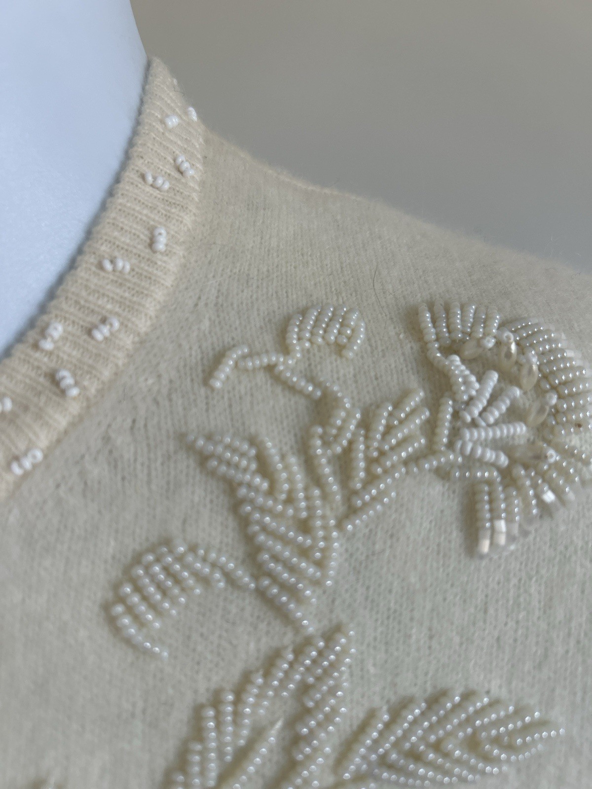 Vintage 1950’s Beaded Angora Cardigan Ivory Pearl Button Hand Embroidered