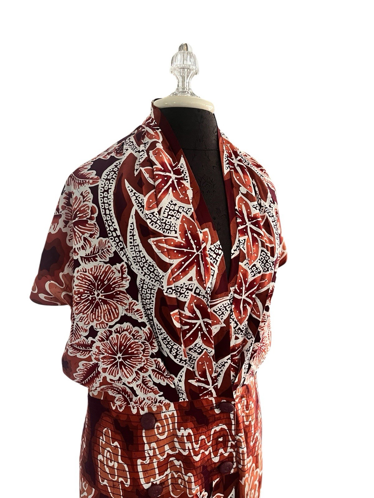 Vintage Barbara Barbara Rayon Wrap Effect Batik Print Dress Rust Cream Large