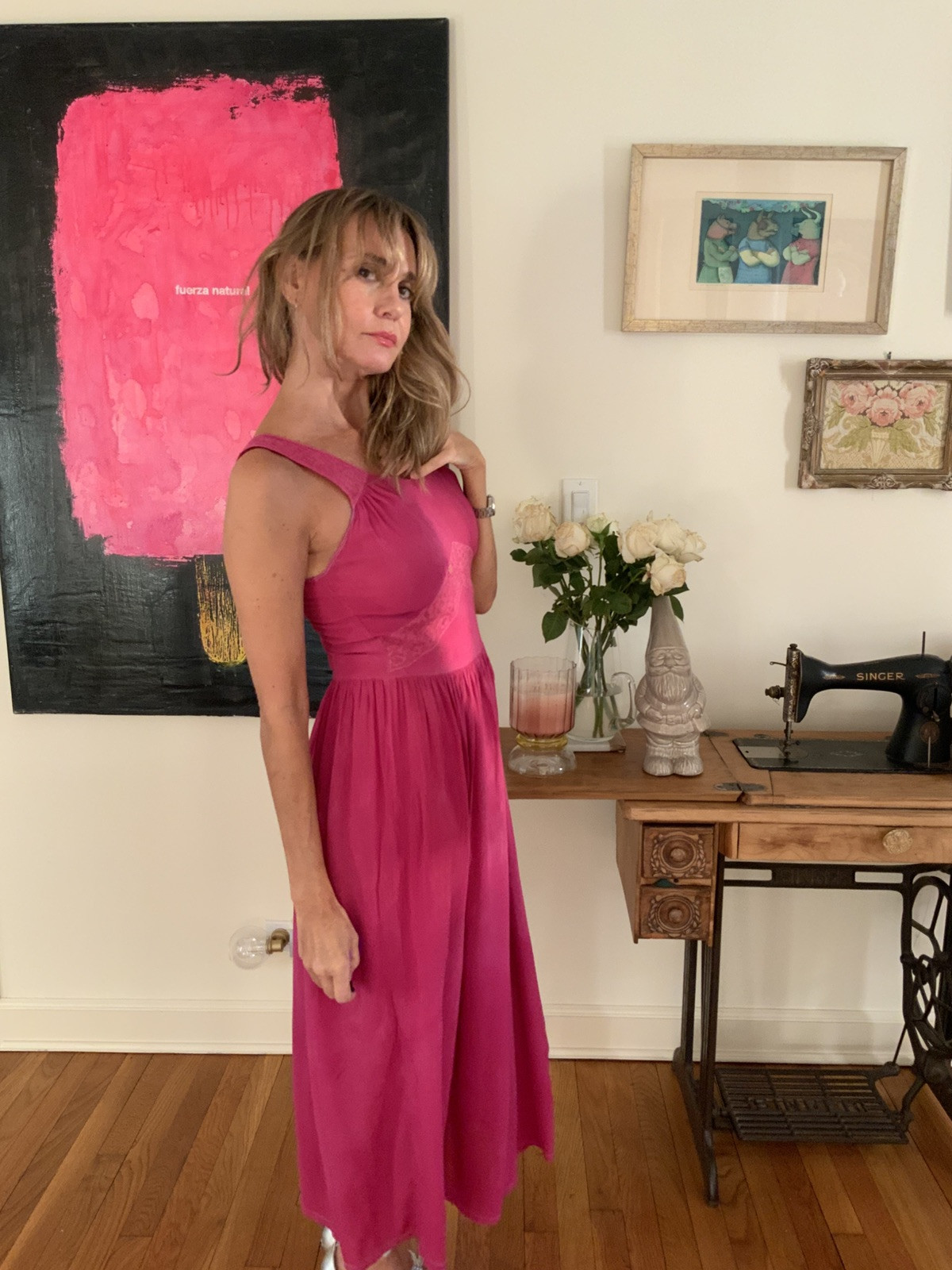 Vintage 1970s Sheer Chiffon Boudoir Gown Hand Dyed Fuchsia Lace Empire Waist XS