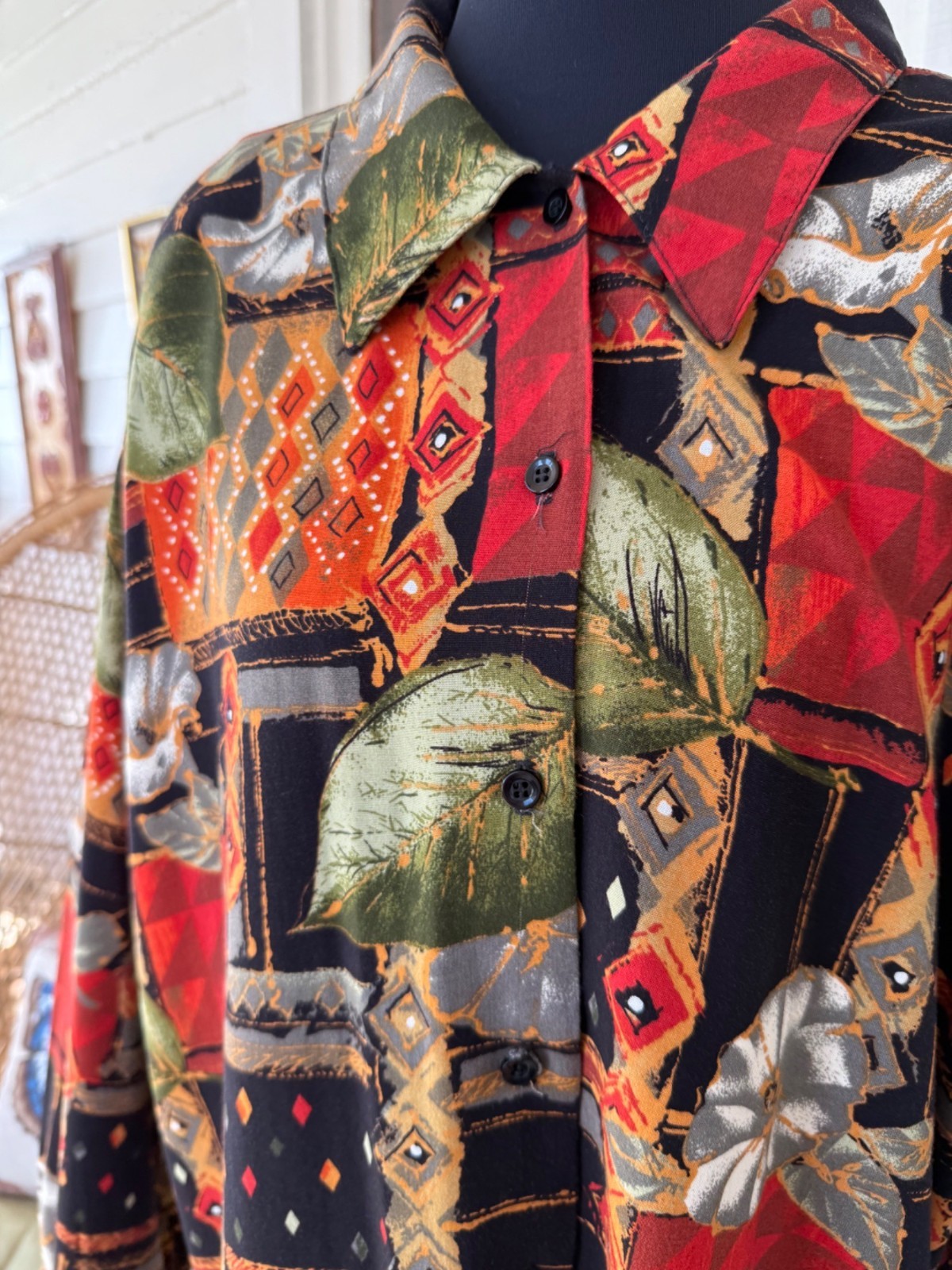 Vintage 80s Abstract Floral Oversized Rayon Long Button Blouse Size M/38