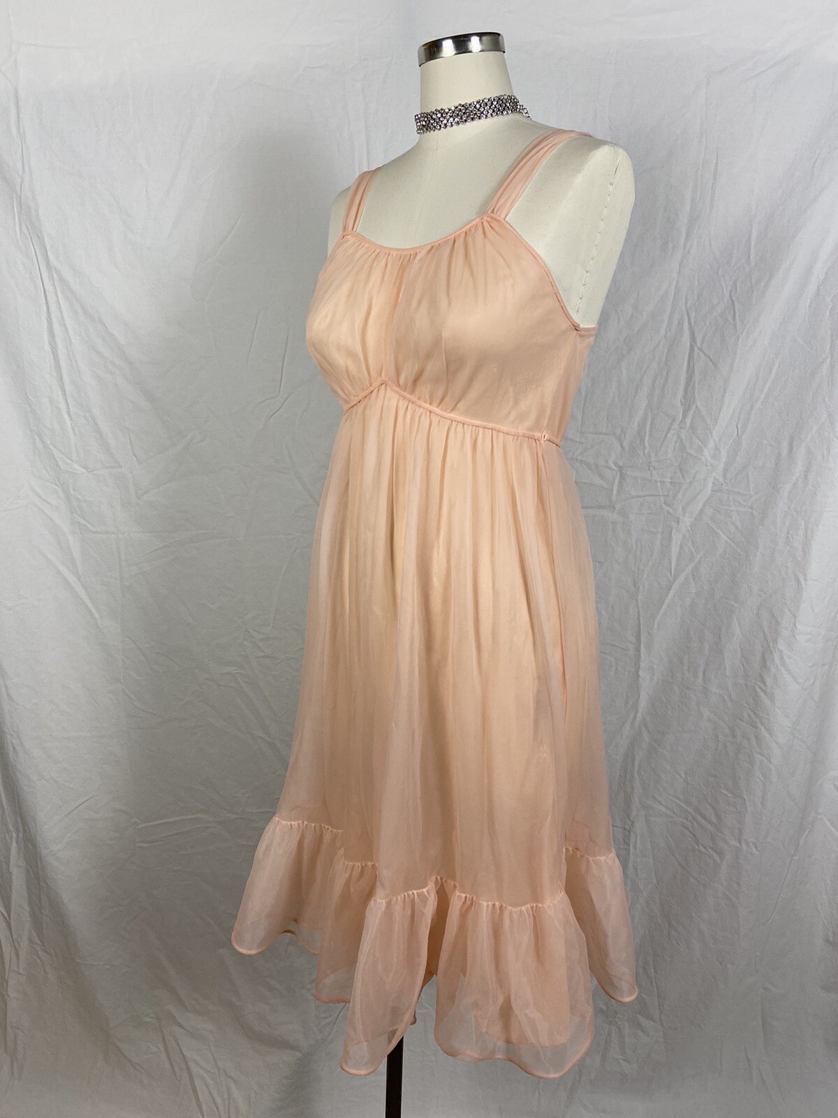 Leonora Slip Dress Nightgown Peach Pink Sheer Size Small 50s 60s Vintage Pin Up