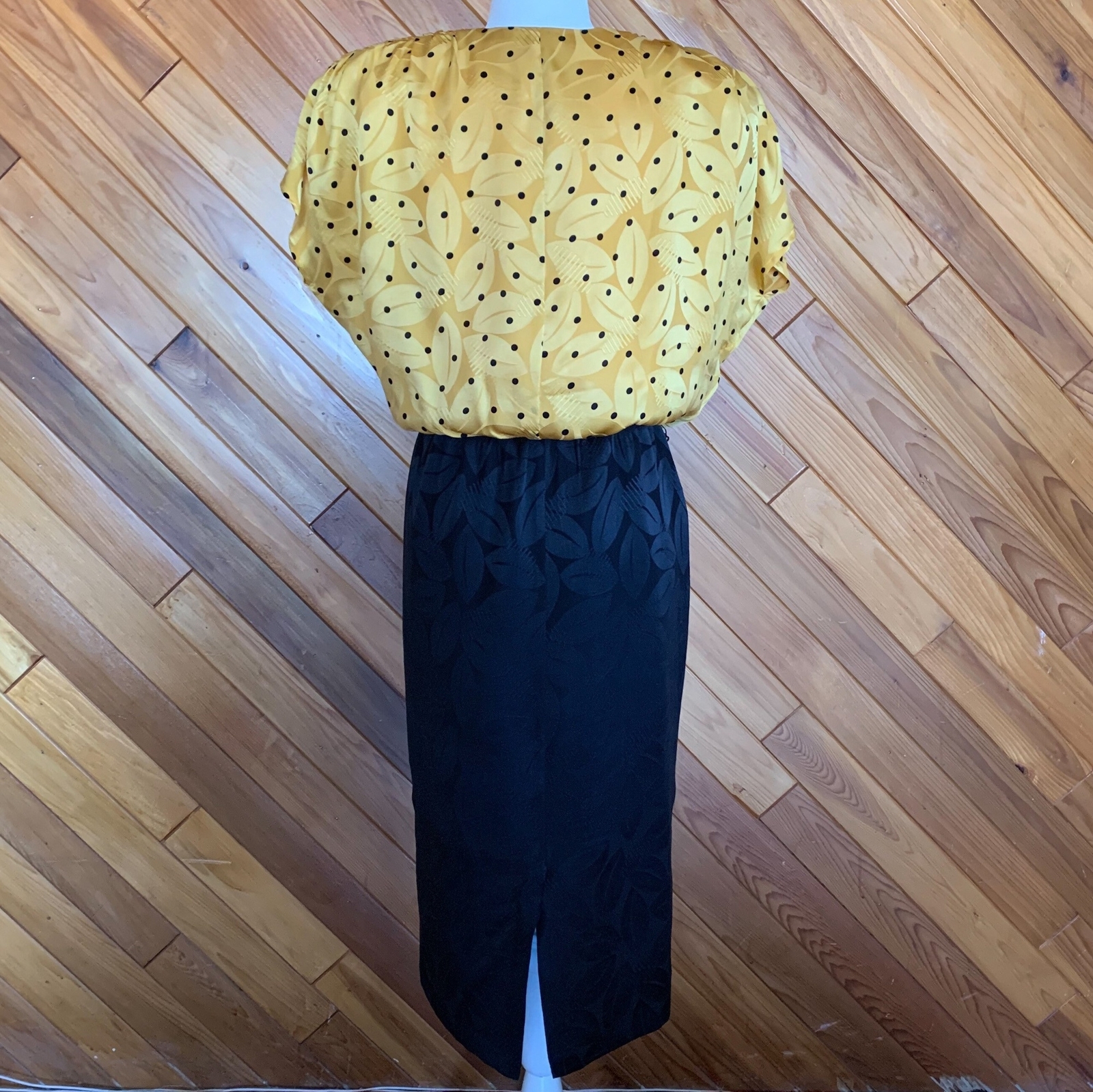 70s/80s Silk Black & Yellow polka dot and floral sheath dress