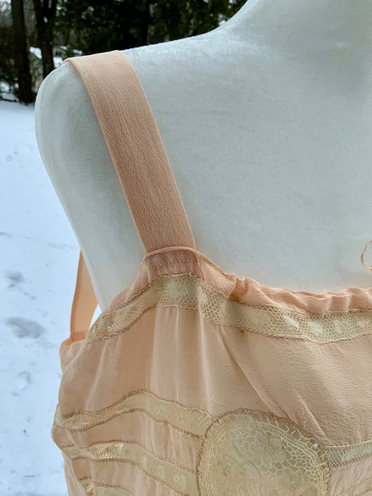 Circa 1912–1918 Blush Pink Silk Chiffon Teddy with Antique Lace – Edwardian Silk