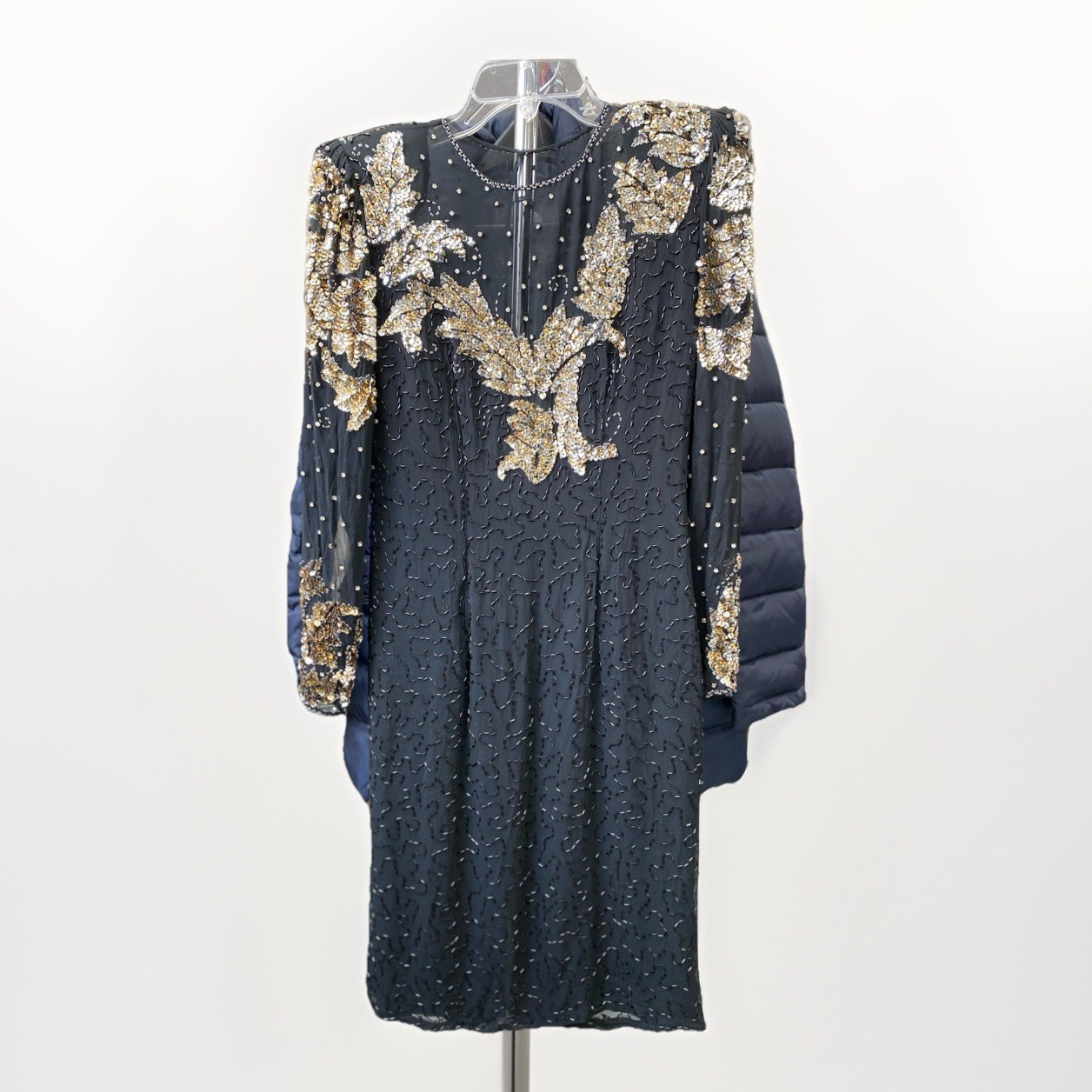 VTG NiteLine Womens Sz 6 Silk Black Sequins Beaded Dress 100% SILK Long sleeve