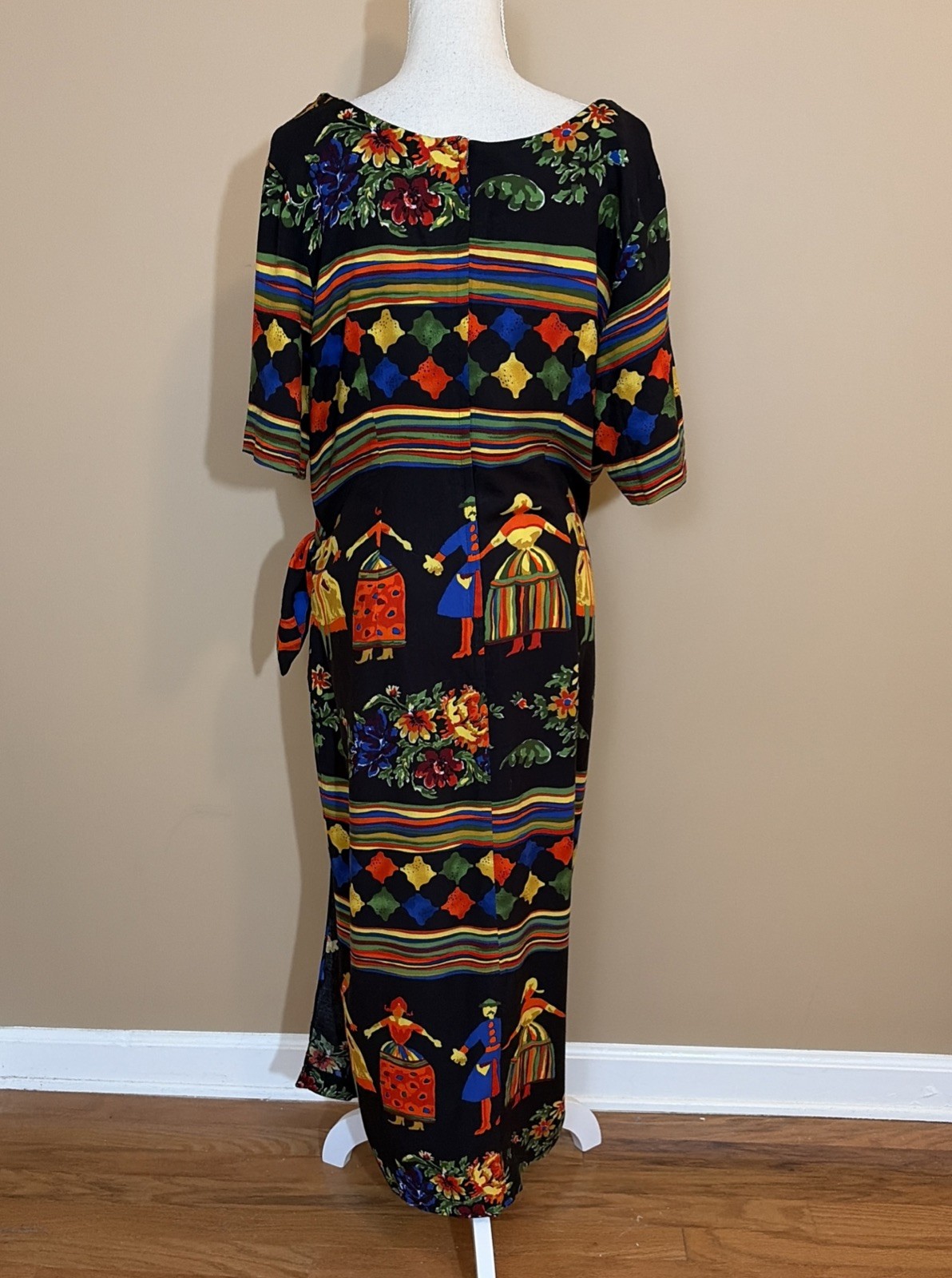 Vintage 80s 90s Ashley Stewart Size 18 Colorful Folk Art Sarong Wrap Dress
