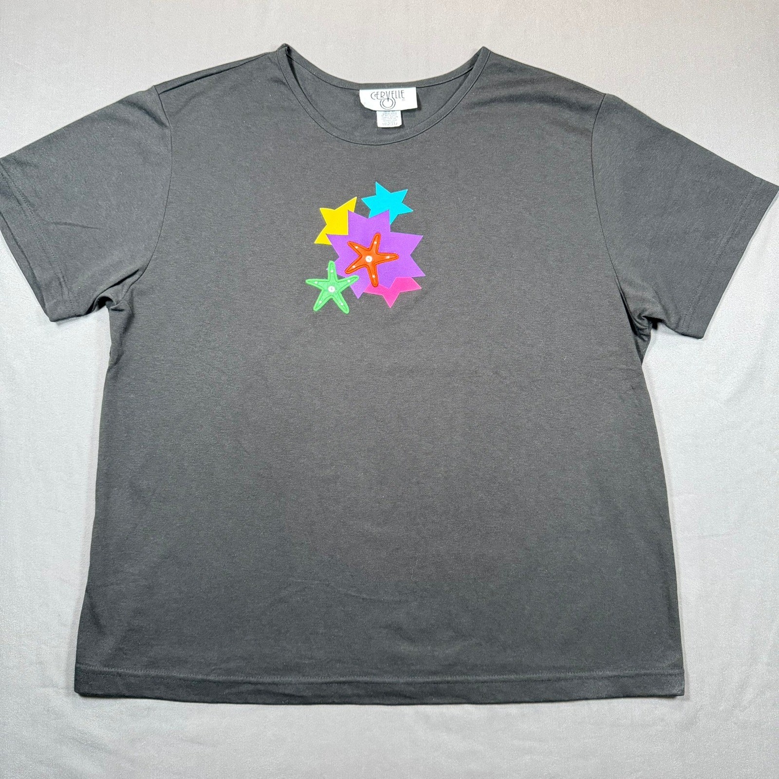 Cervelle Vintage Womens Large Black Starfish Star Graphic Tee Casual T-Shirt