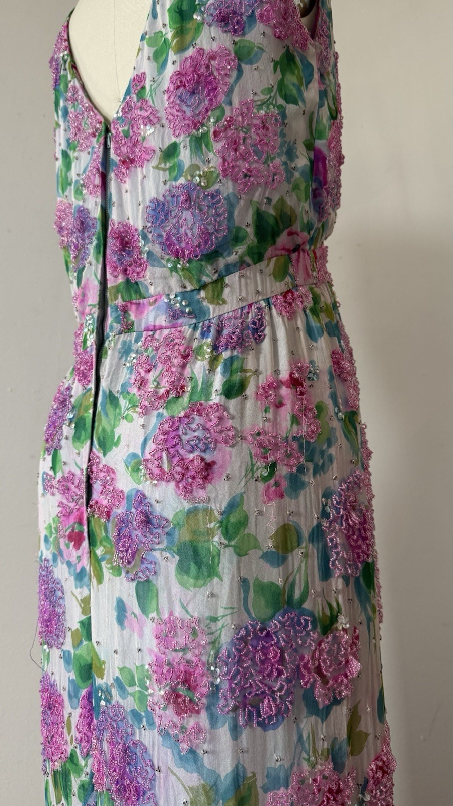 Vintage 1950s 60s Rare Designer Sara Fredericks Hand Beaded Chiffon Evening Gown