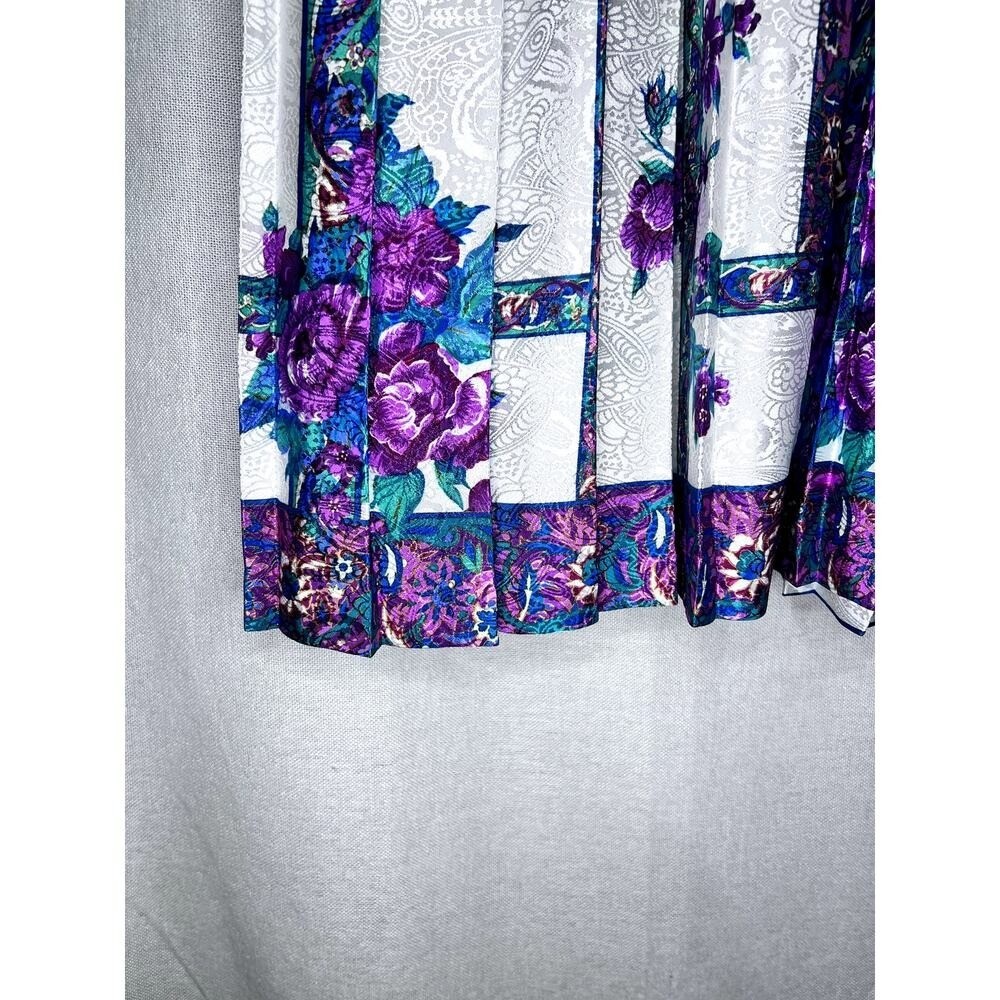 Vintage 80s Schrader Silver Purple Floral Satin Long Sleeve Midi Dress