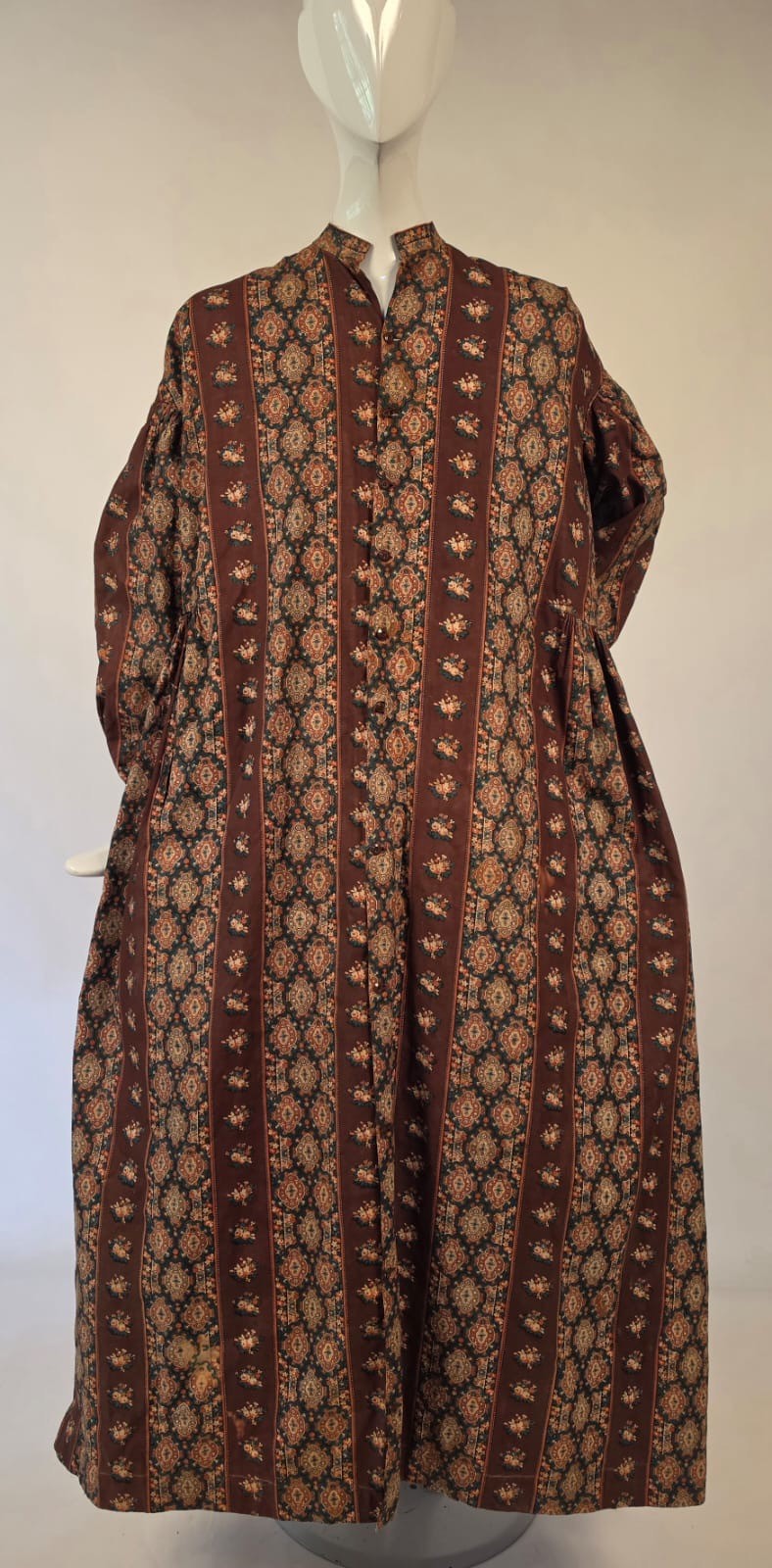 OVER SIZED ANTIQUE 1850’S STRIPED COTTON HAND SEWN MATERNITY DRESS W FULL LINING