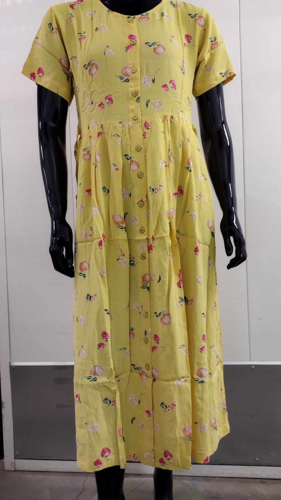90s Rayon Yellow Dress Granny Apples Strawberry Print Country Easter Spring M