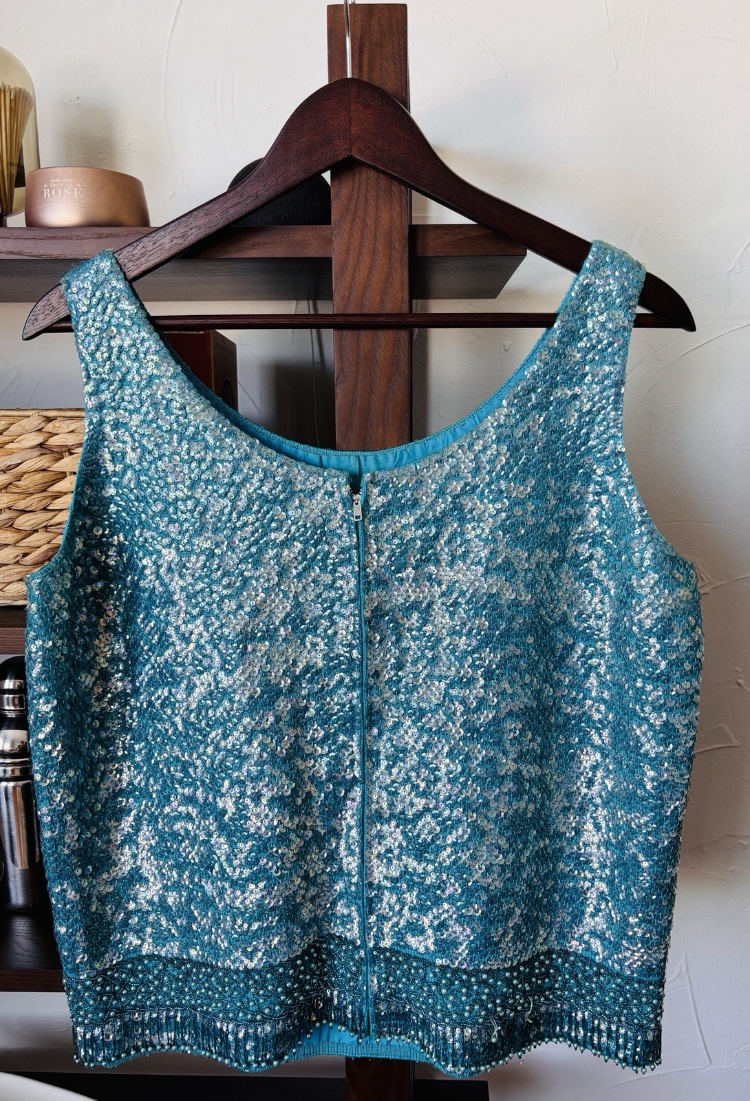 Vintage Women’s Blue 100% Wool Sequined Embellished Tank Top Made in Hong Kong