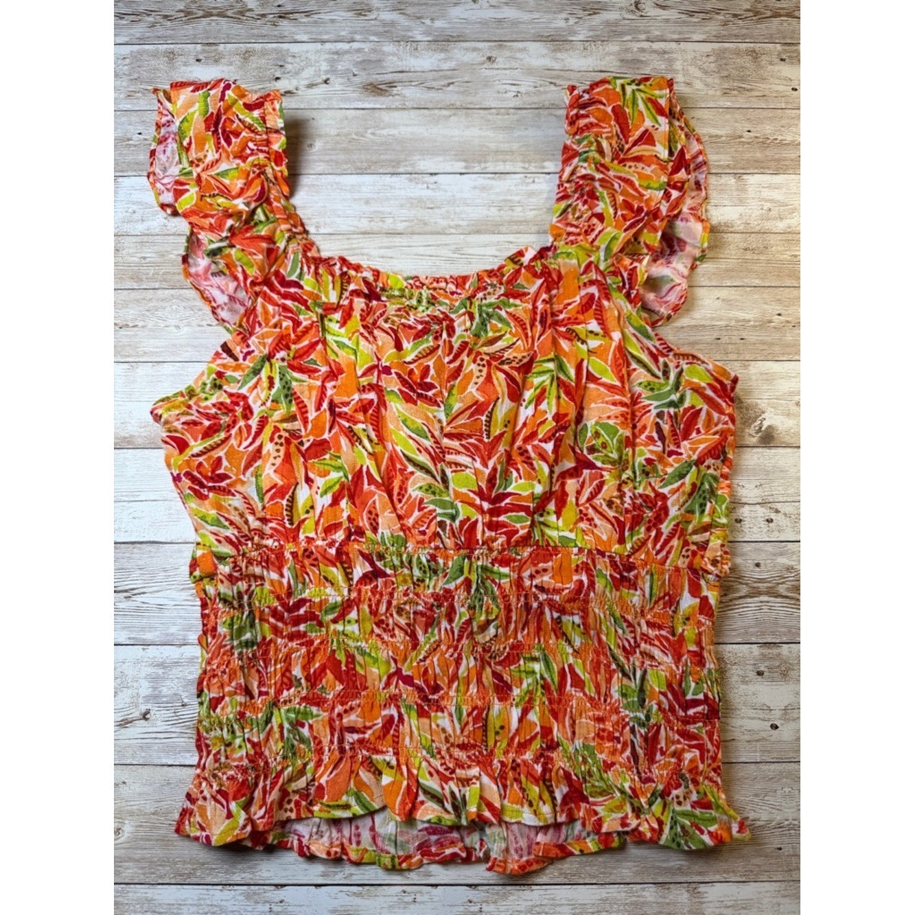 BCX Orange Floral Ruffled Smocked Camisole with Green Accents size XL
