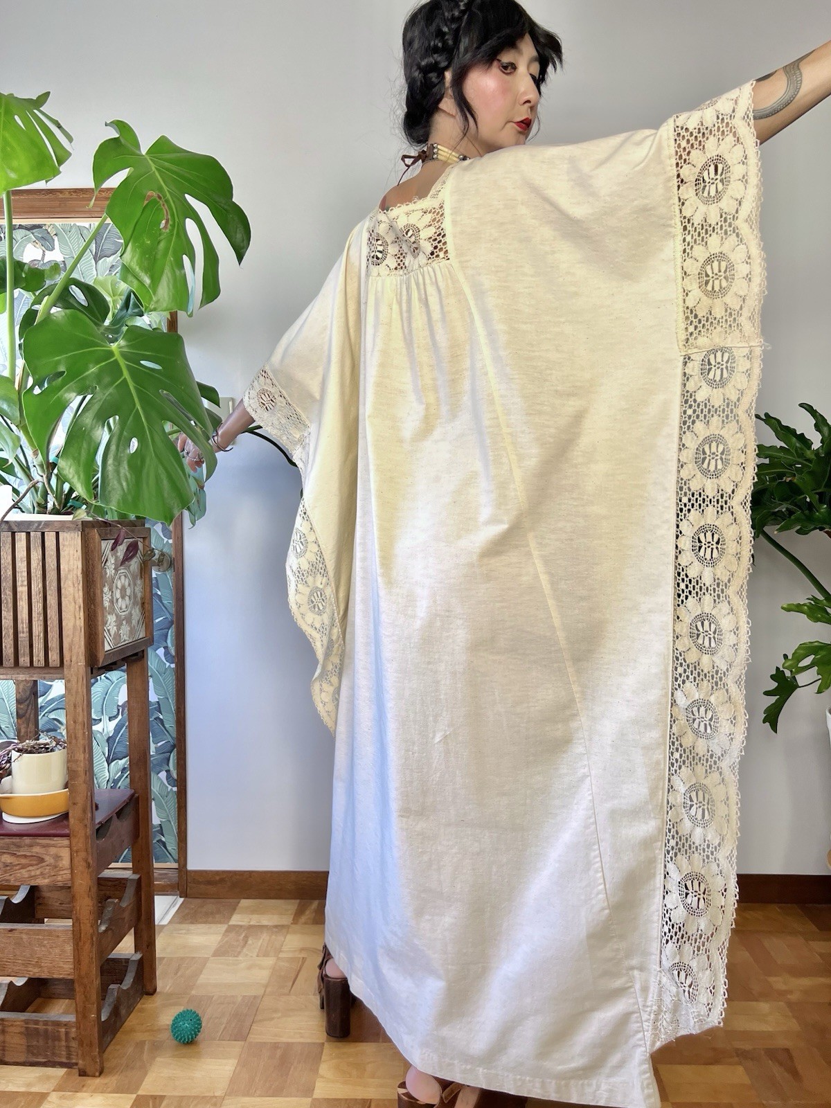 1970s Miss K by Alfred Shaheen Crochet Lace Caftan Dress Boho Cotton Maxi Kaftan