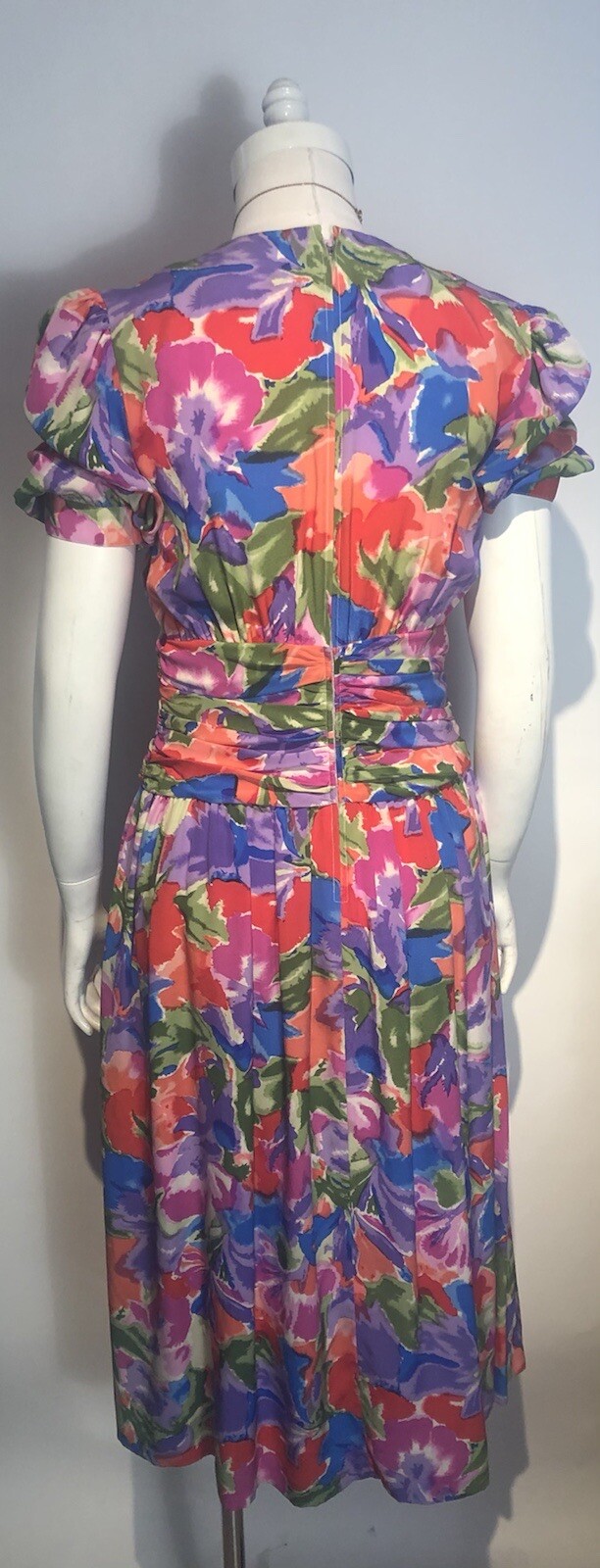 Vtg 80s HORCHOW Silk Floral Dress Size 8 Pouf Sleeves