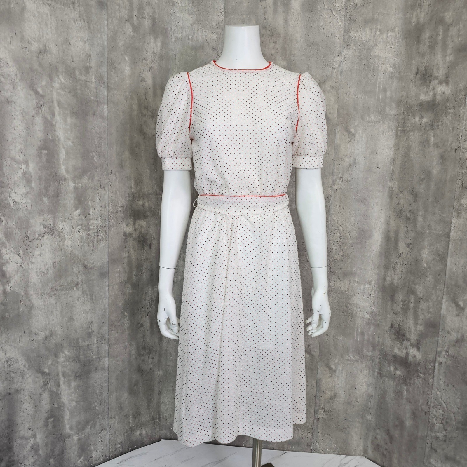 Vintage Sheer Crepe Nylon Red Polka Dot Puff Sleeve Cottagecore Prairie Dress