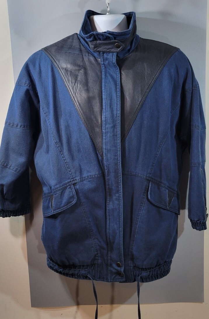 Vtg 1980s London Fog Jacket Blue/Black canvas & leather Womens XS Petite