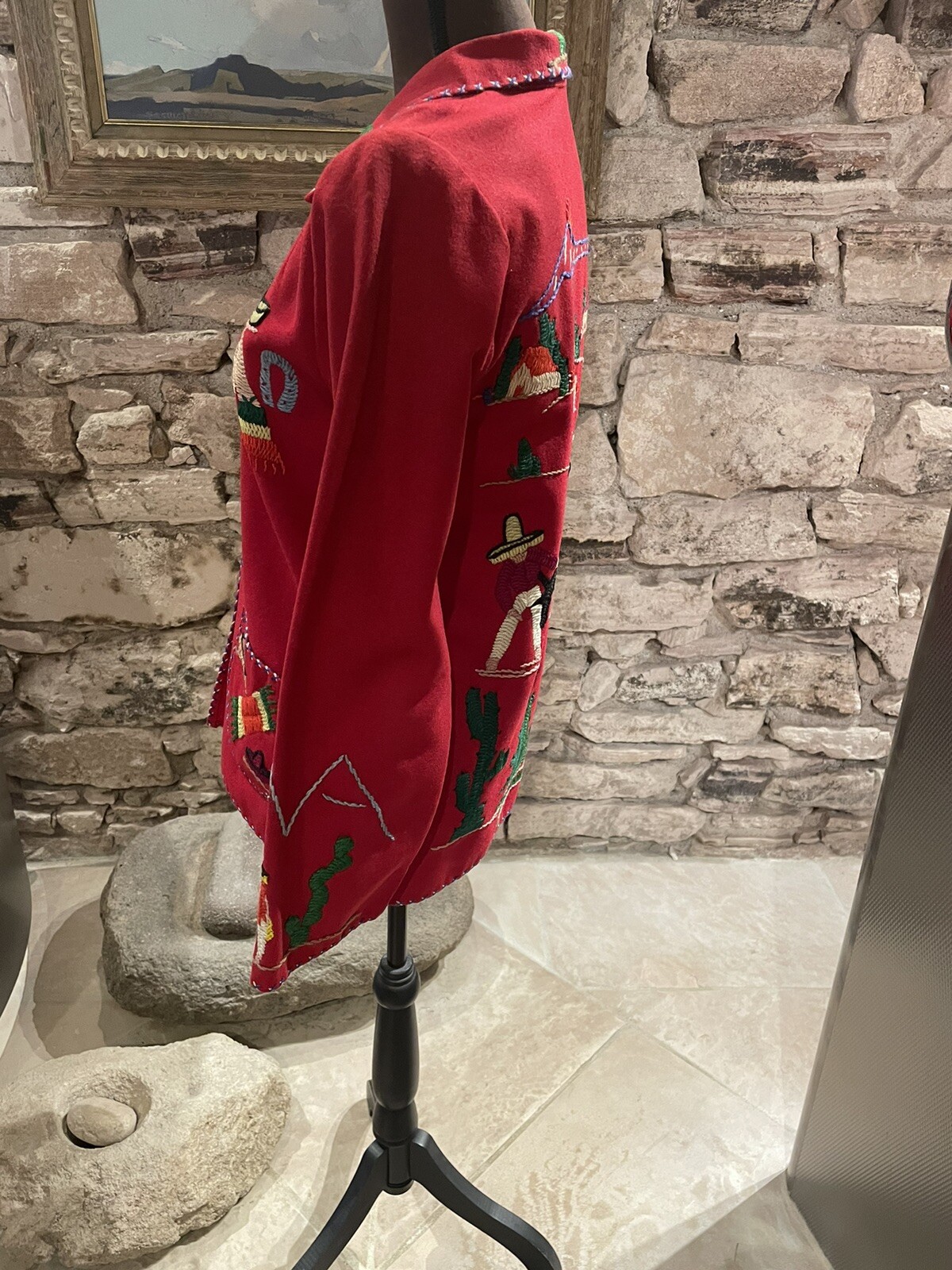 1950s Red Wool Felt Embroidered Mexican Tourist Jacket Size S