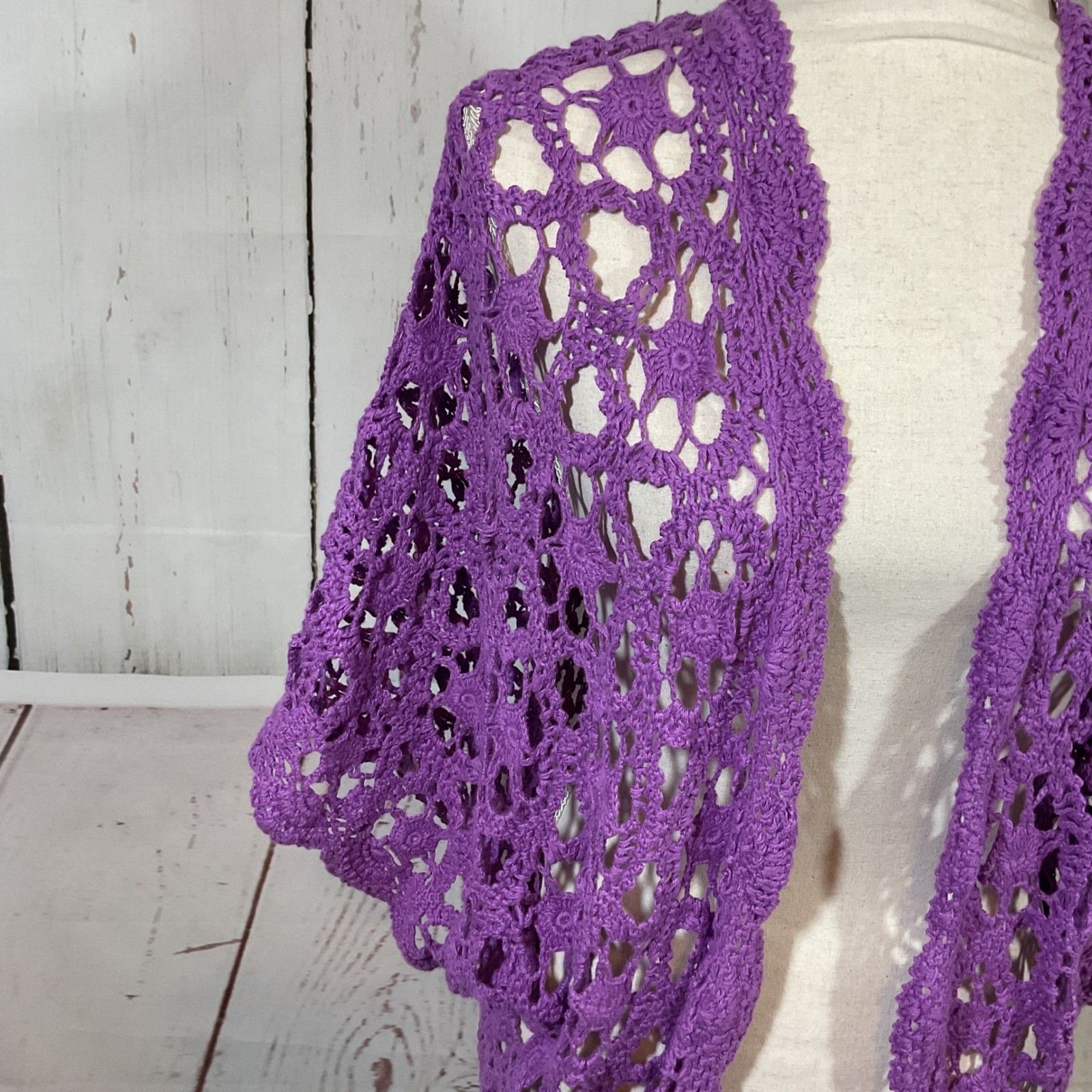 Jessica London Vtg Open Crochet Knit Cardigan 14 16 Purple Boho Fairy Cottage