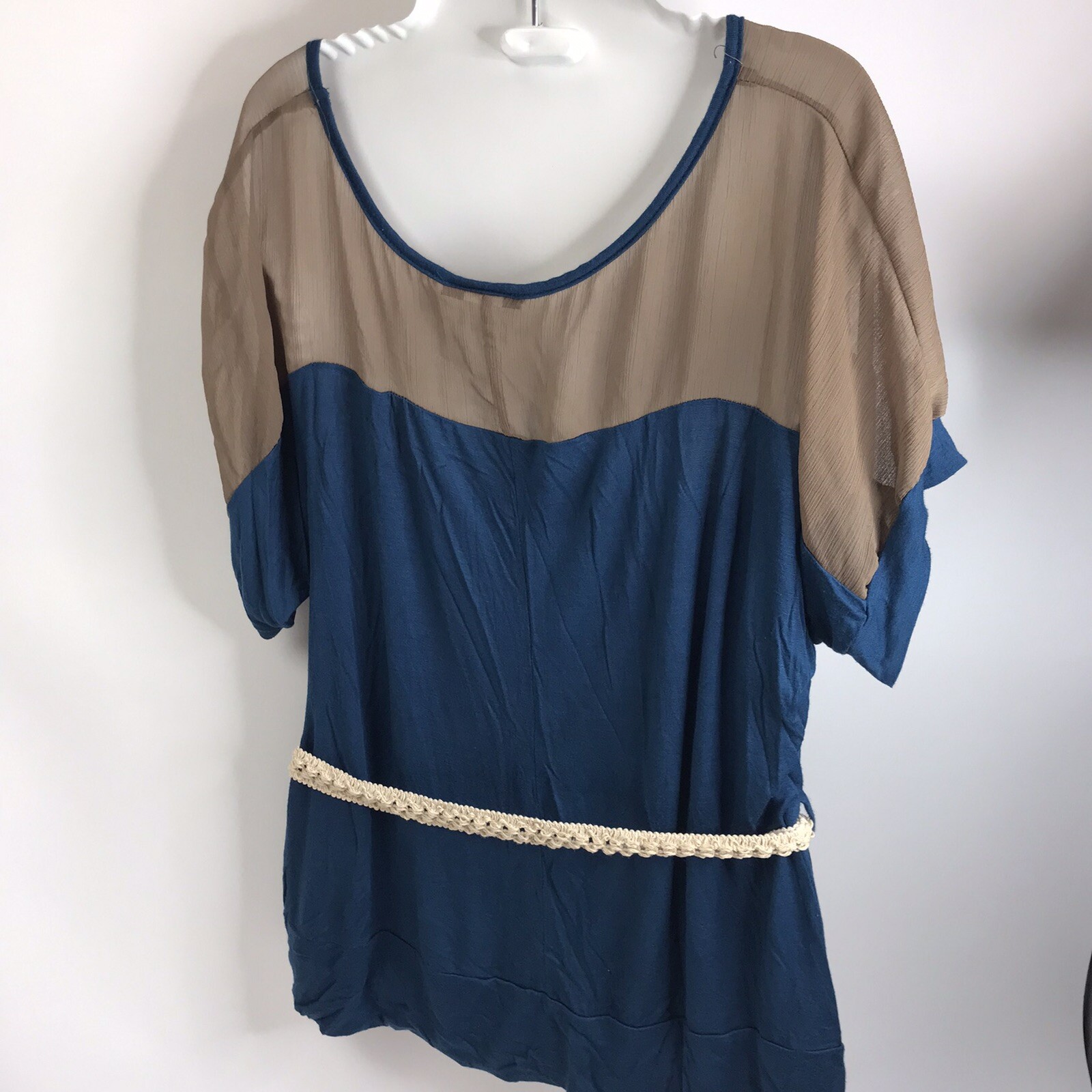 Vintage Top Belted Color Block popover Polyester Blouse L/XL Belinda 80s 90s