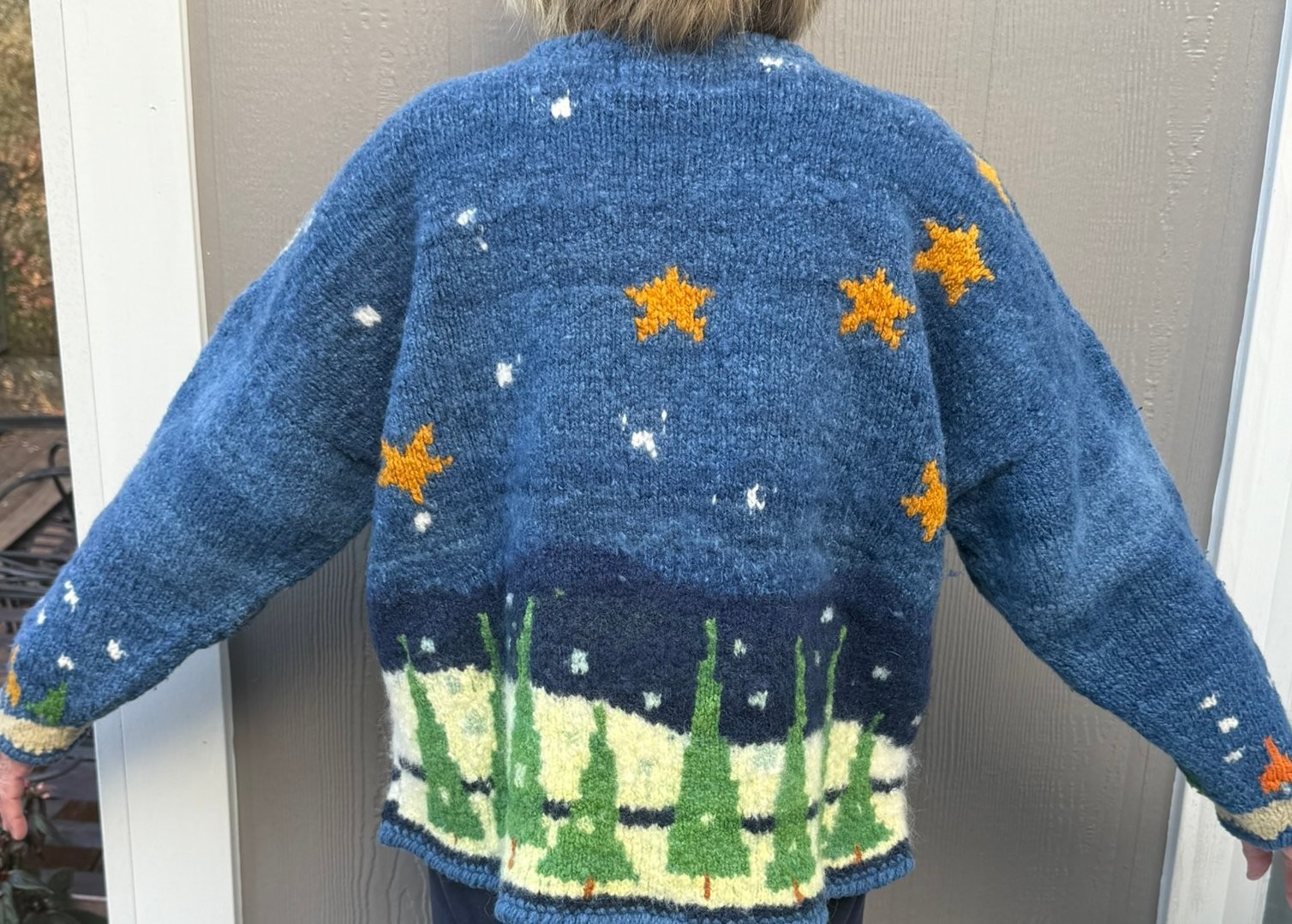 Vtg Amano Bolivian Wool Hand Knit Sweater Christmas Trees Stars Night Sky Aymara