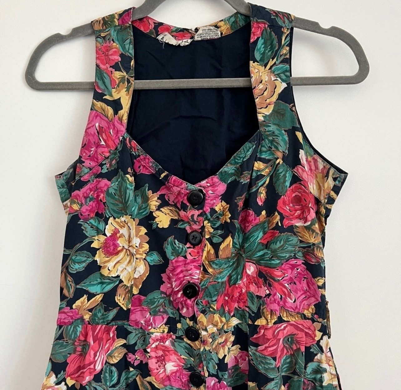 Vintage 90s Floral Button Front Dress Starina Medium Black Fit Flare Cottagecore
