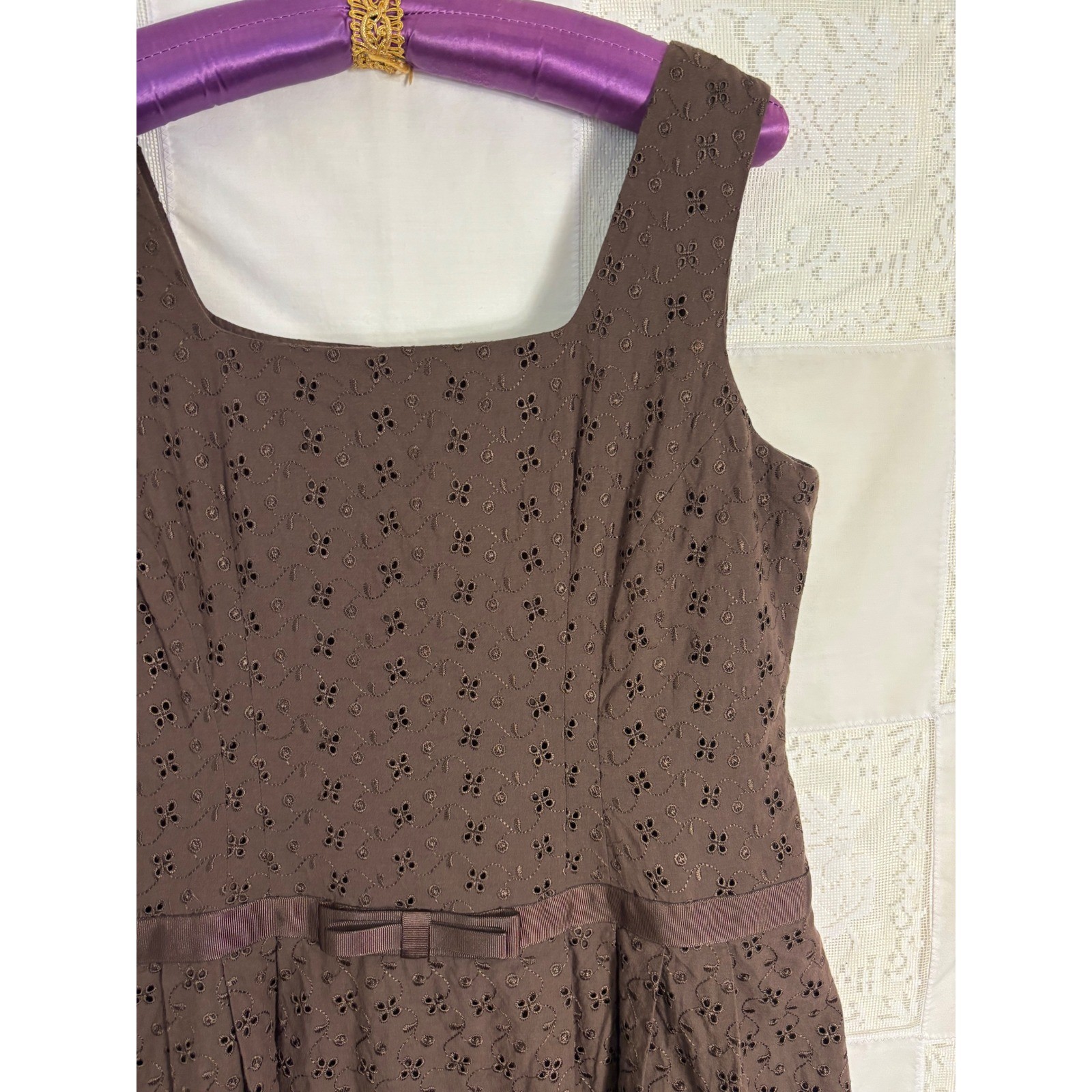 VTG Brown Cottage Twee Bow Front Babydoll Cotton Eyelet Midi Dress Size XL