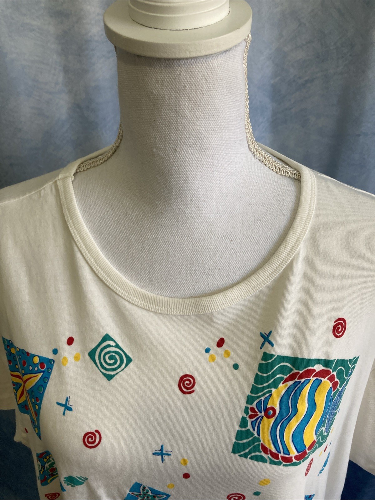 VTG 90s Oasis Tropical Fish Swirl Graphic T-Shirt Dress OS Women’s White Retro