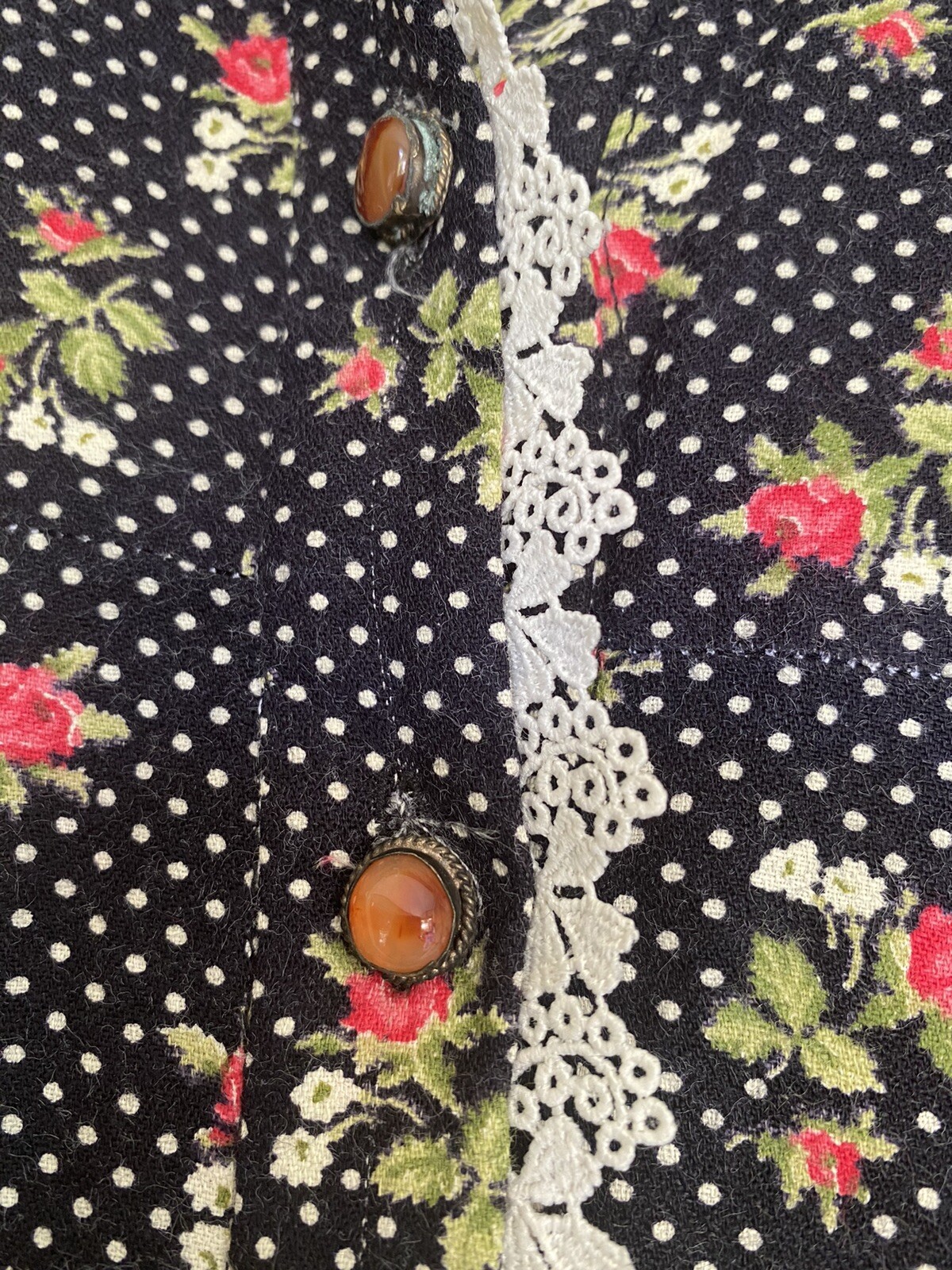 Vtg 70’s Liberty of London Black Polka Dot Rose Blouse W/ Agate Buttons
