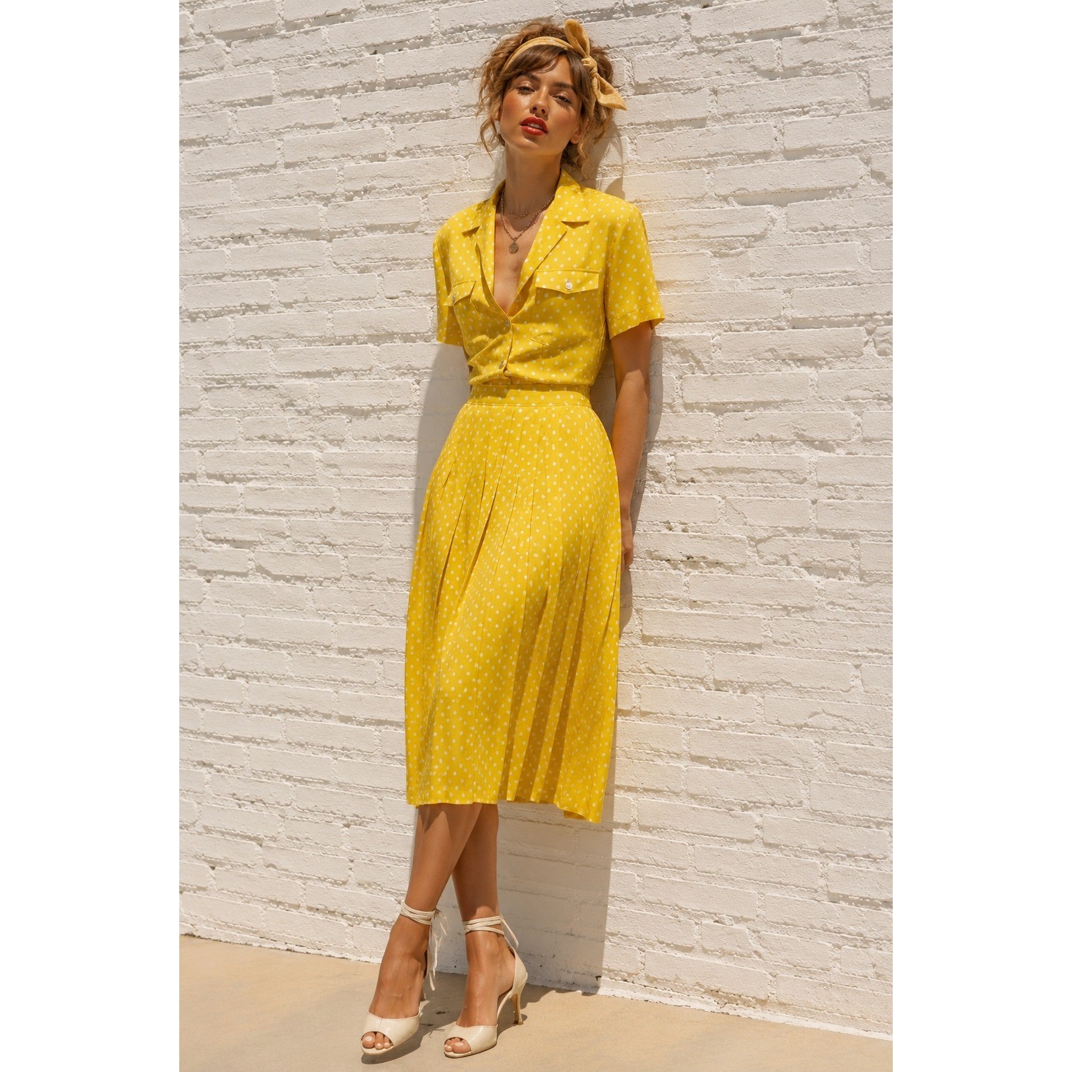 Vintage Carroll Reed Yellow Polka Dot 2 Piece Matching Midi Skirt Pleated Set 16