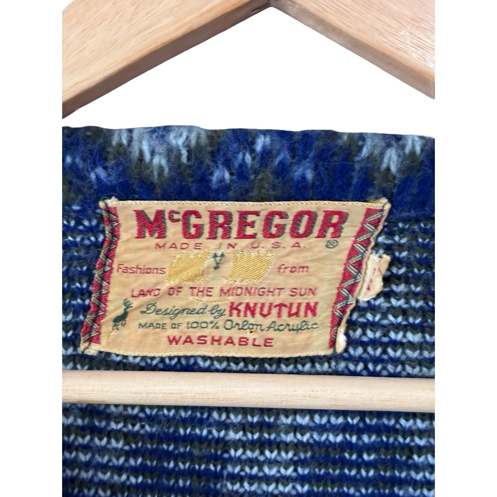 Vintage McGregor Knutun Sweater 46 Blue Olive Fair Isle Acrylic Knit USA
