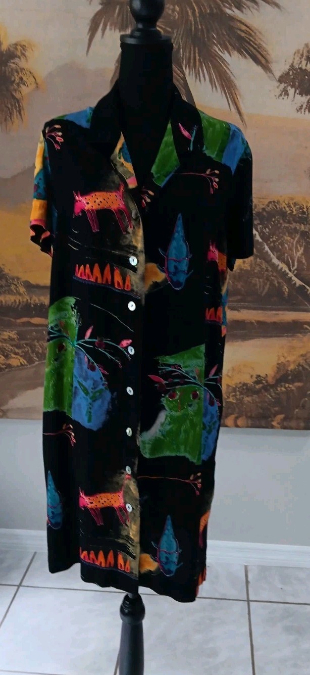 Vtg Jeffrey & Dara Button-Up Shirt Dress, Medium?, 90s Wearable Art, Cats, Fish