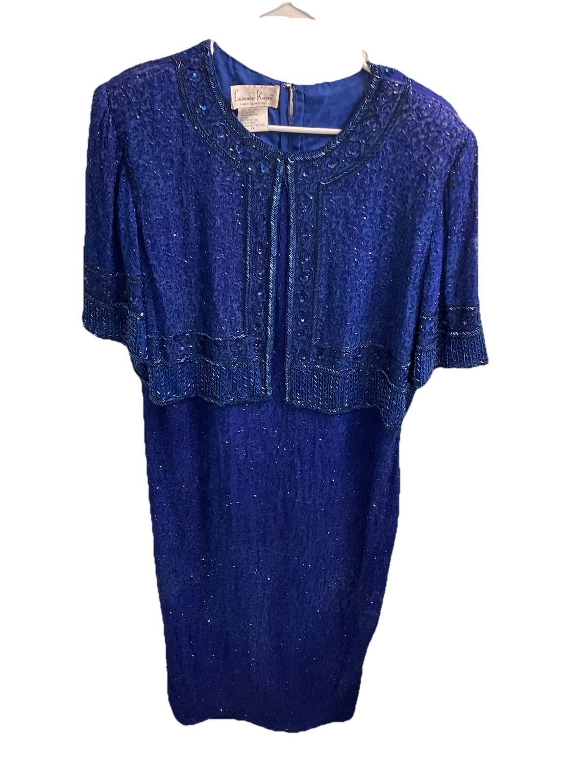 Vintage Laurence Kazar 100% silk cobalt blue heavy beaded cocktail dress size 1X