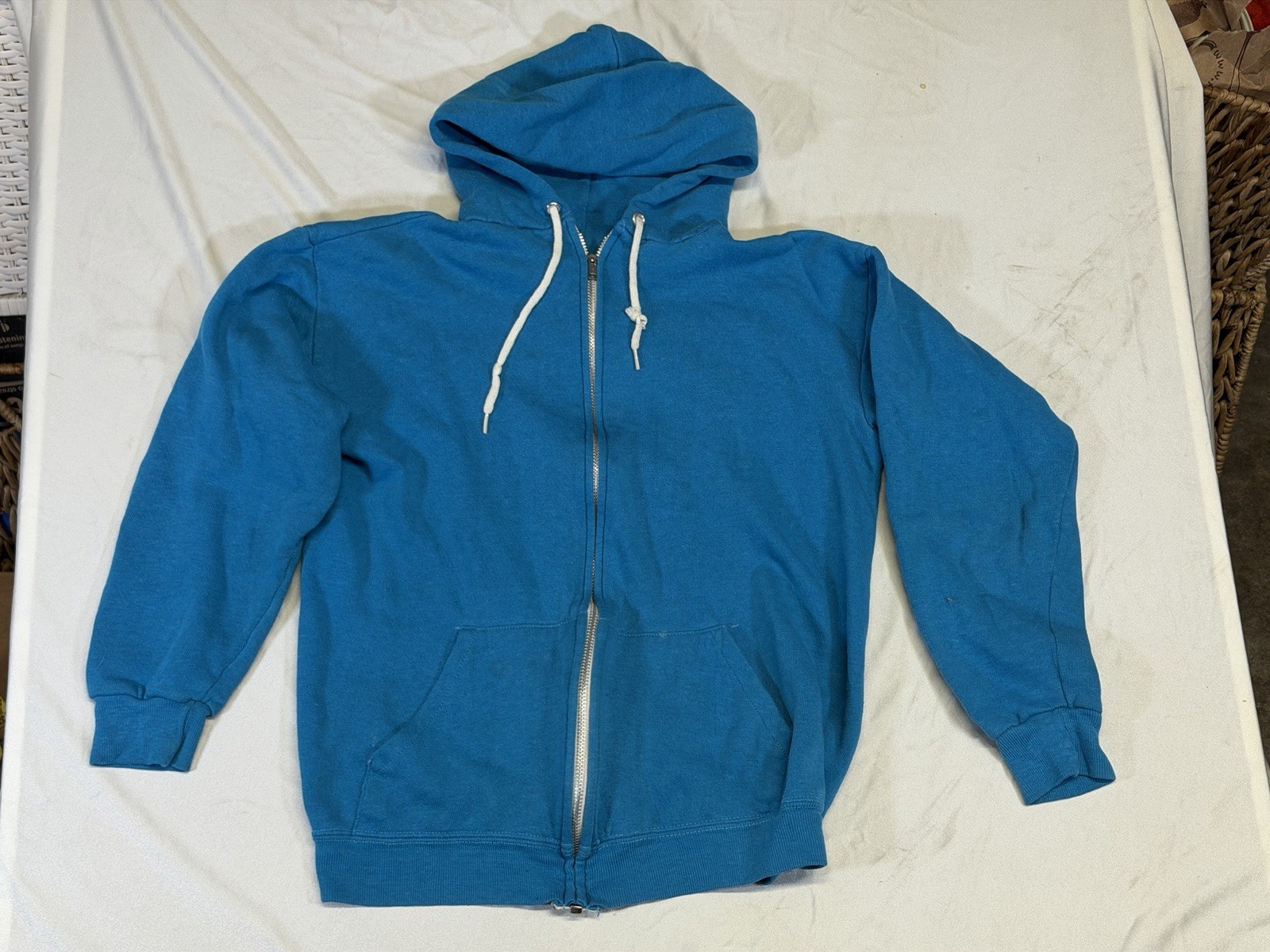 Vintage zip up hoodie turquoise drawstring cotton blend unisex small