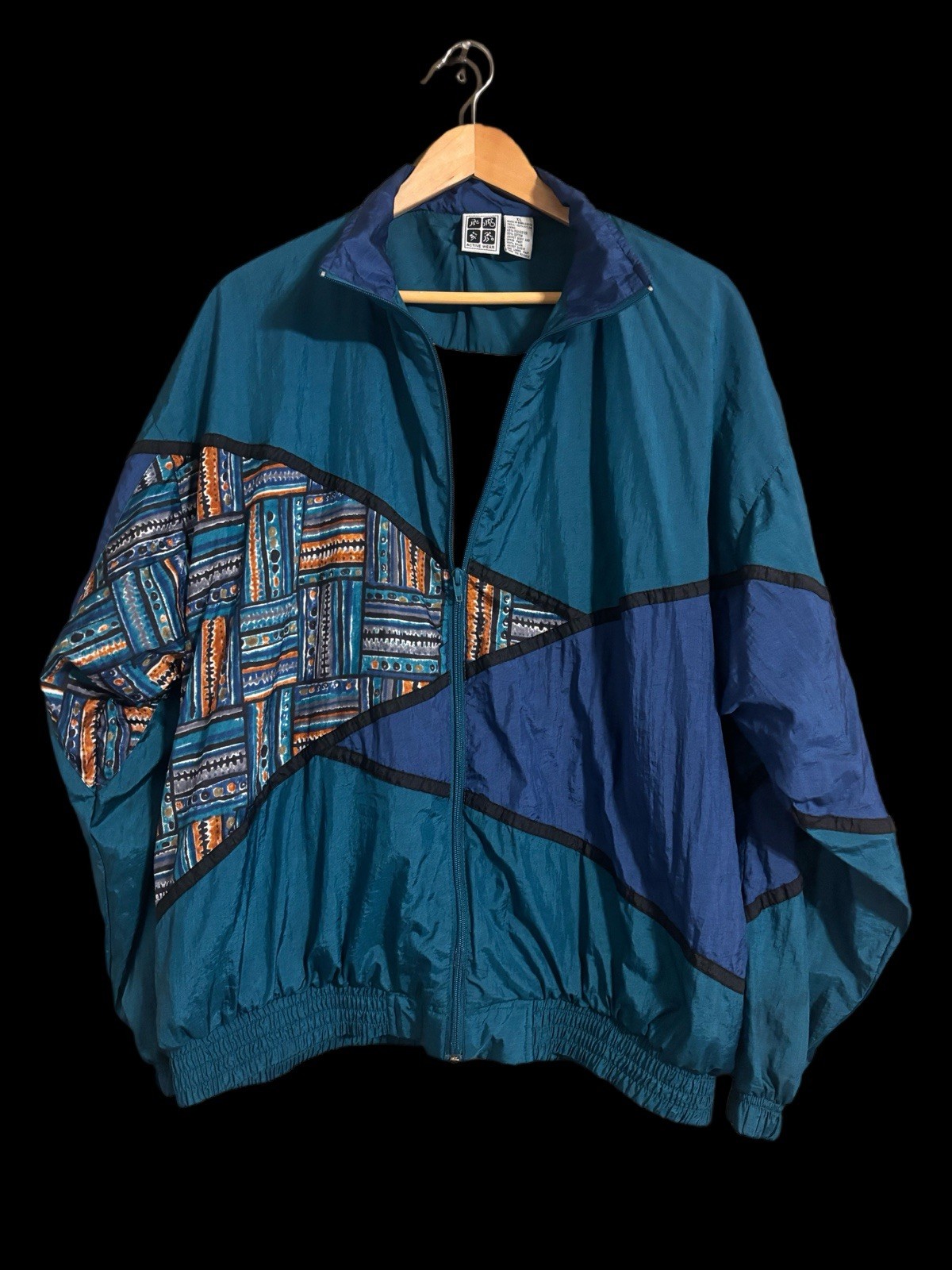 Hello 80’s Teal & Indigo Retro Pattern Windbreaker Active Wear Size Unisex XL