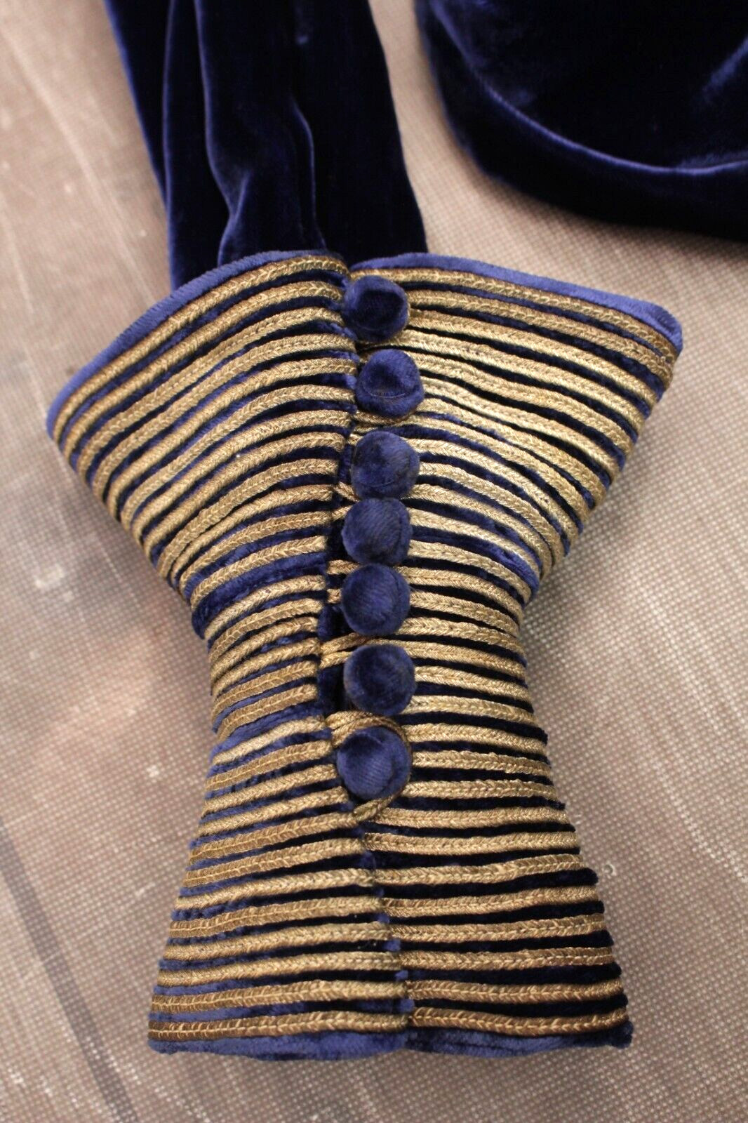 Vtg 30s Blue Velvet Maxi Dress W/ Gold Trim 1930s Fashion Originators Guild