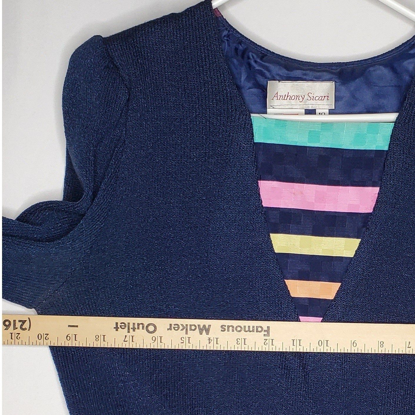 Anthony Sicari Vintage 80s Navy Blue Knit Sweater 10 Striped Inset V-Neck