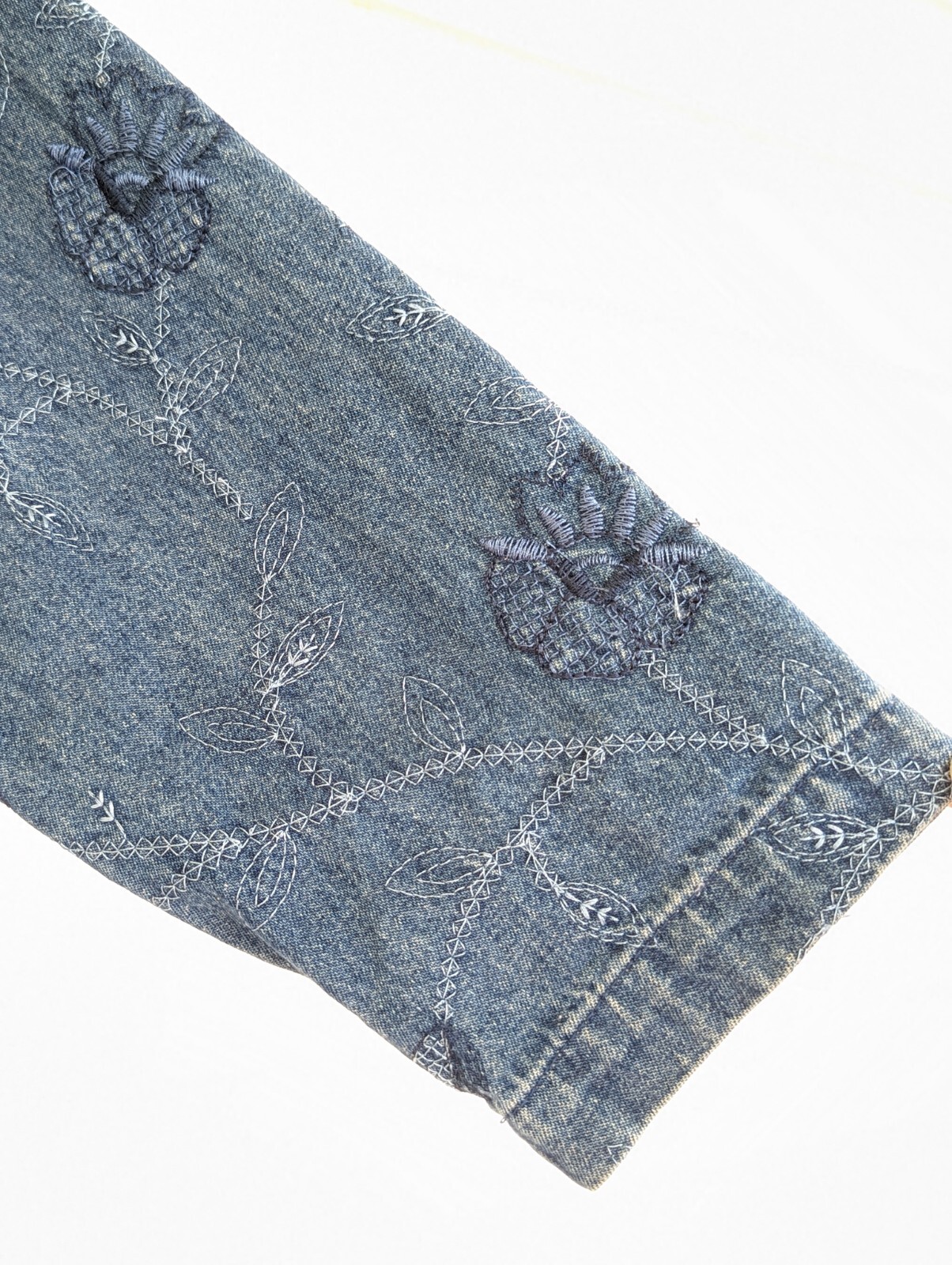 Vtg Sara Studio Denim Shirt Purple Buttons Floral Stitch Embroidered XL Womens