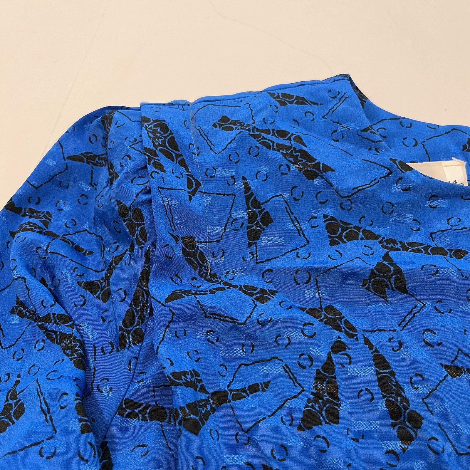 80s VLP Petites Blue Abstract Secretary Dress Elastic Waist Union Tag Vintage 14