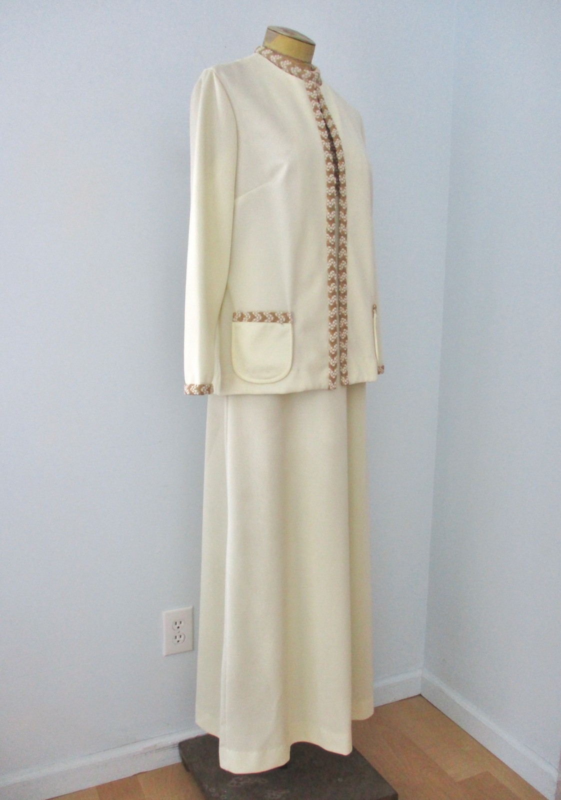 Vtg 60s 70s Cream Sparkly Gold ZigZag Knit 2-Pc Maxi Dress Gown Jacket Suit S/M