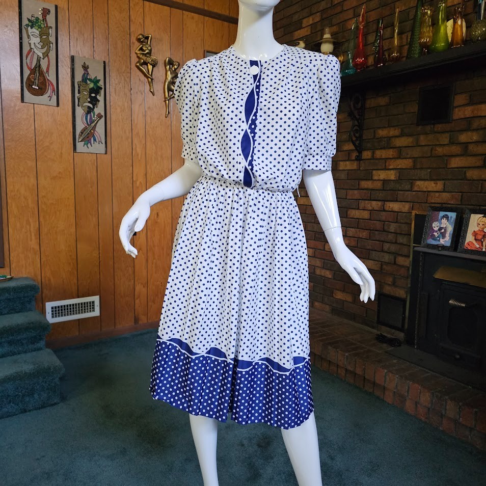 Vtg 80s Polka Dot Preppy Secretary Shirtwaist Blouson Modest Office Dress M/L
