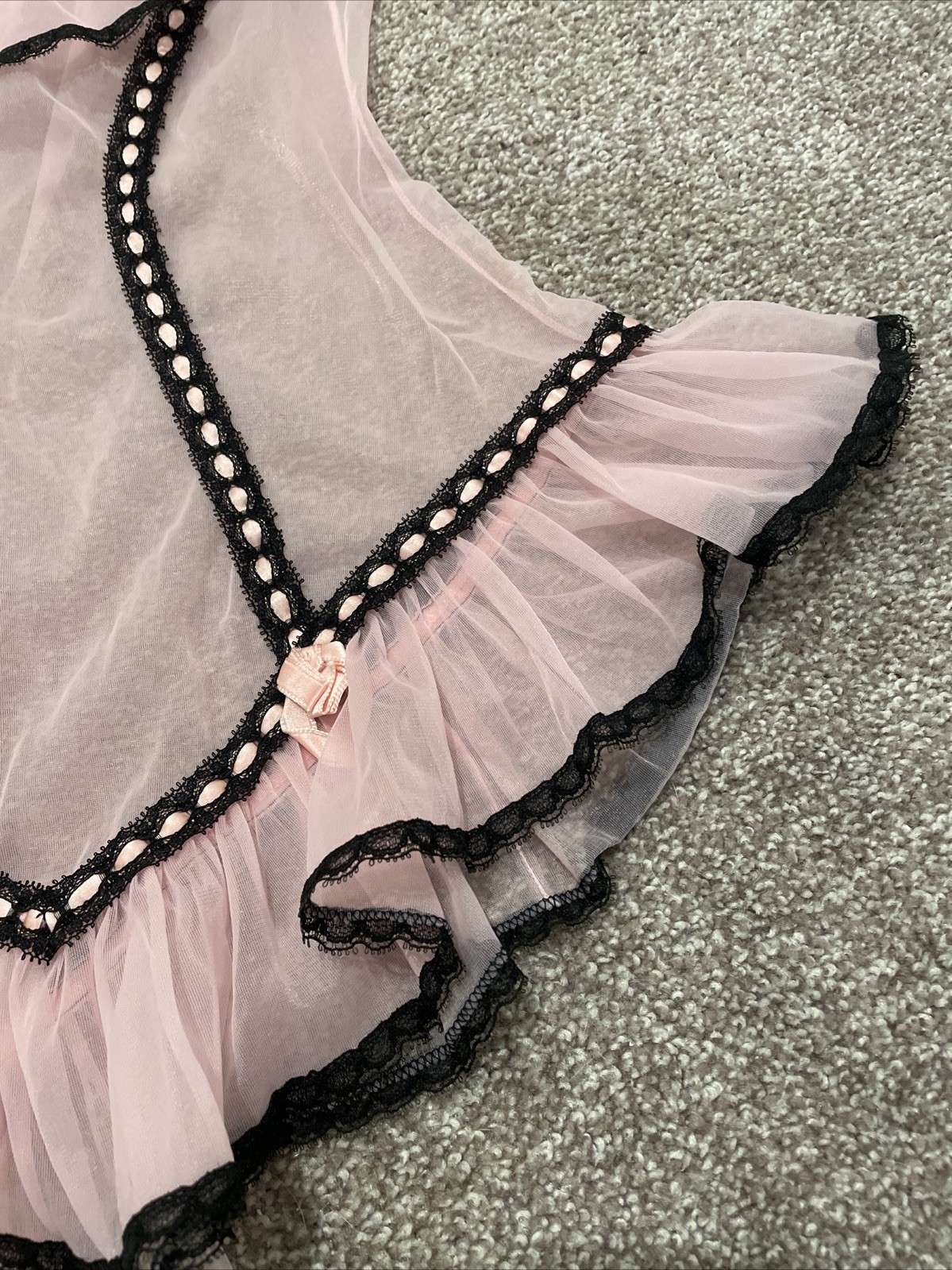 Vintage 1950s Glydons Chiffon Skirted Slip Teddy Pink Black Small Ruffle Pin Up