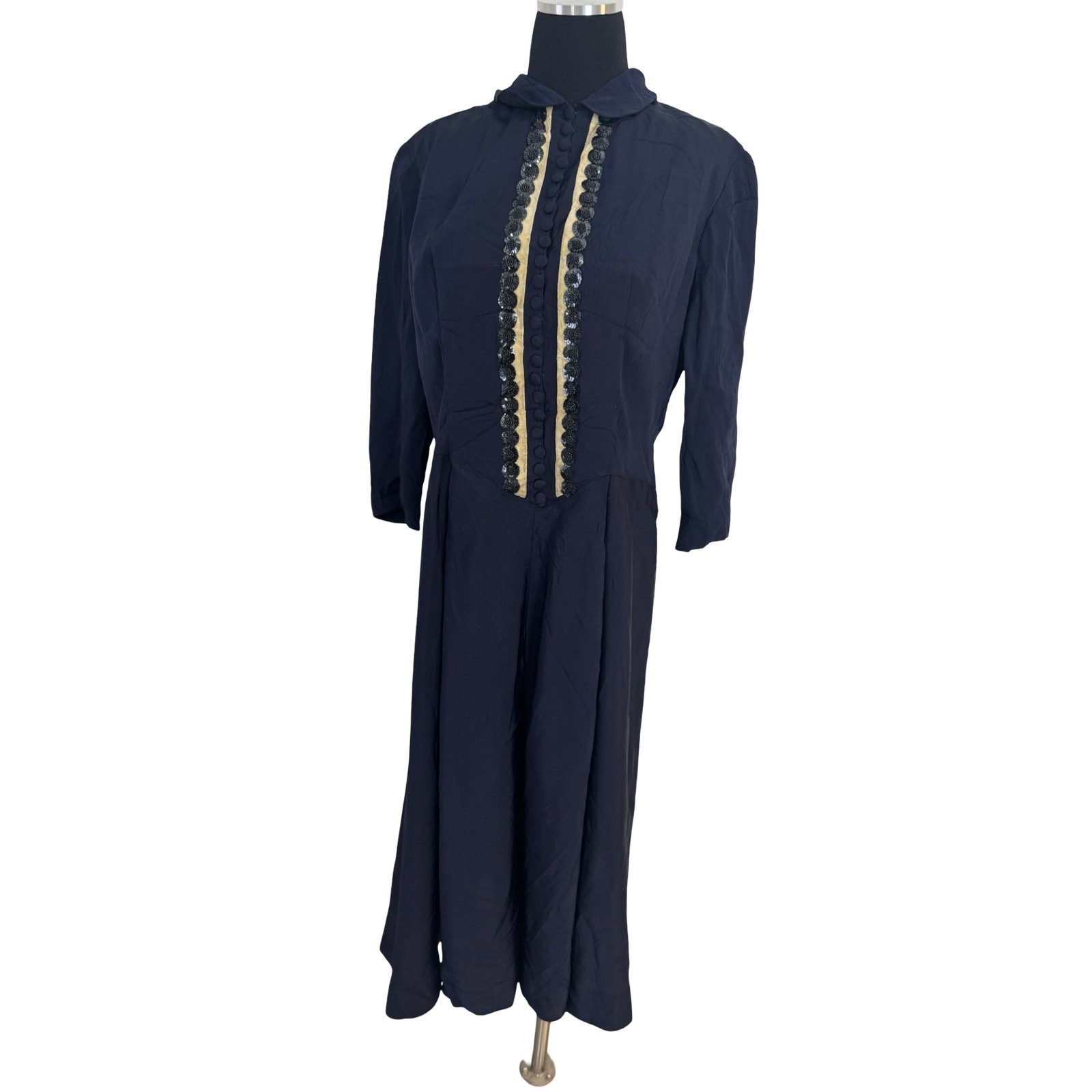 1940s German Vintage Dress Navy Blue Rayon Art Deco Sequins WWII Era Rare L/XL