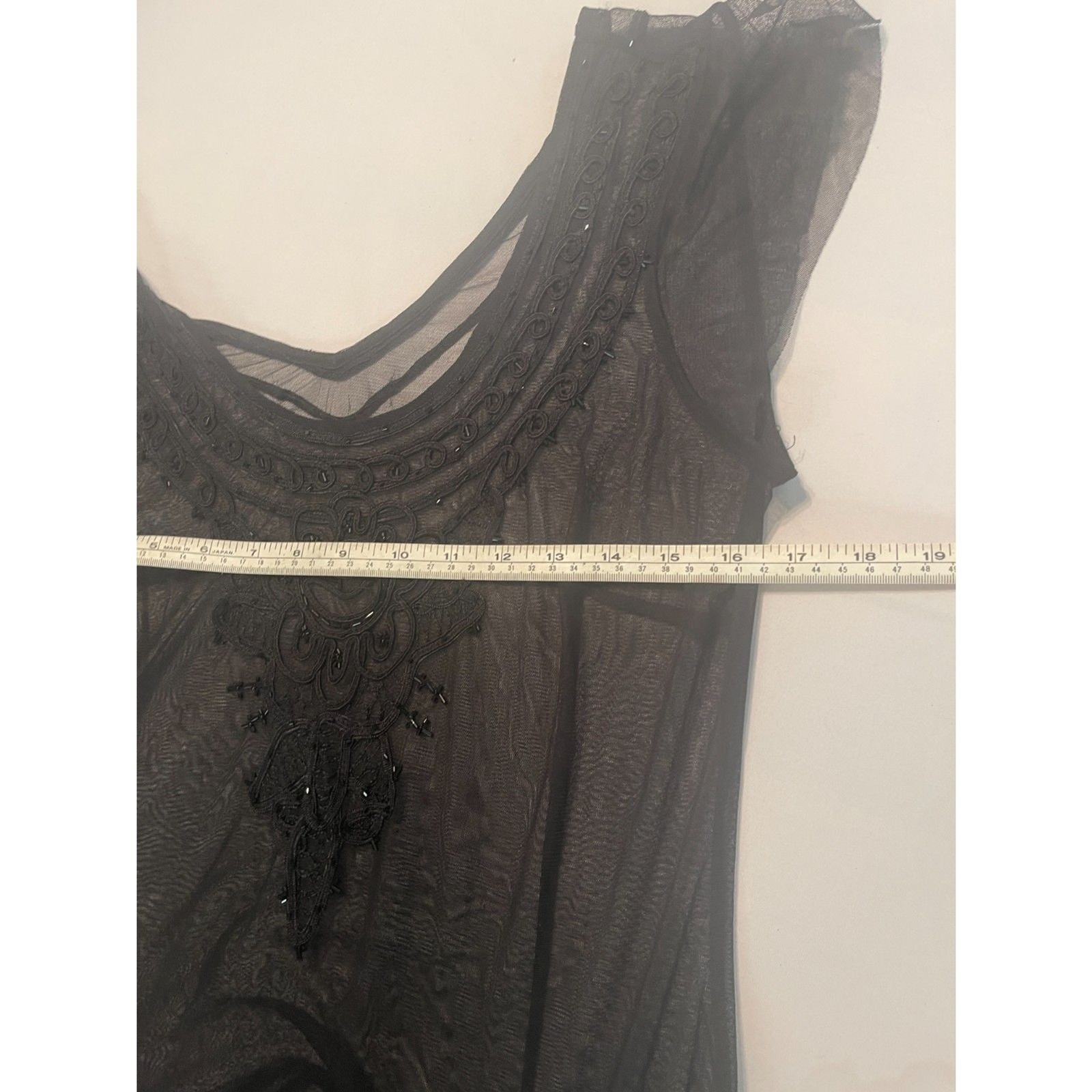 Antique 1920s Black Net Dress Hand Beaded & Sequins Flower Tiered Maxi vintage M