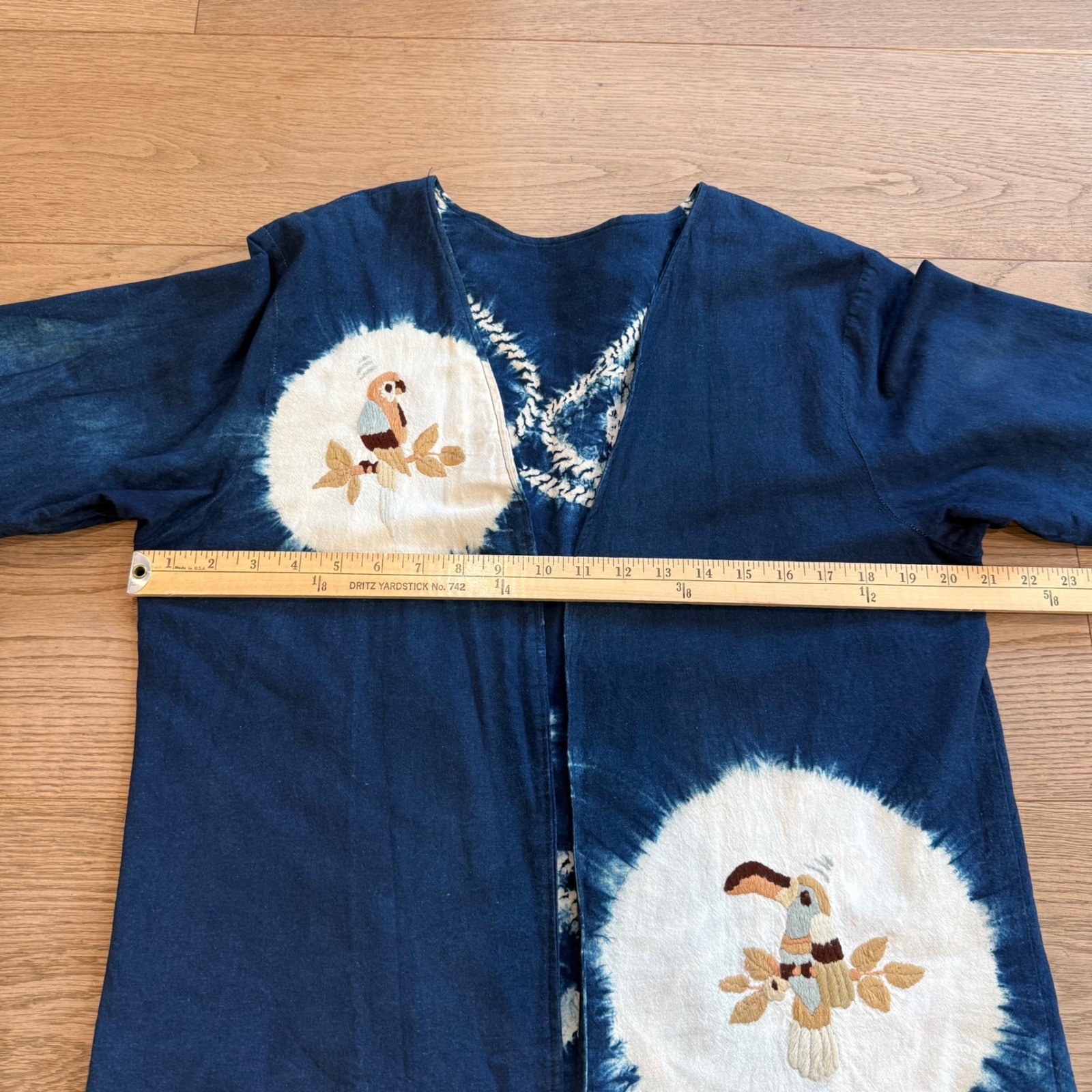 Vintage Indigo Dyed Reversible Jacket Bird Embroidery Tie Dye Blue Boho