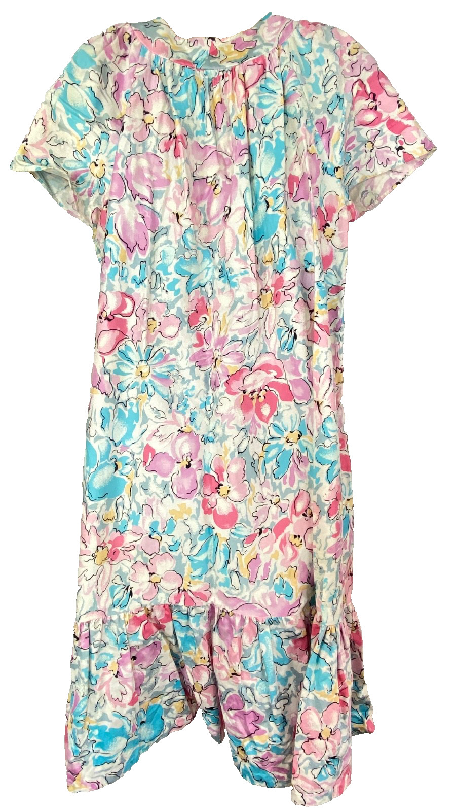 Vintage 1980s pink floral lounge dress muumuu short sleeves tent white cotton