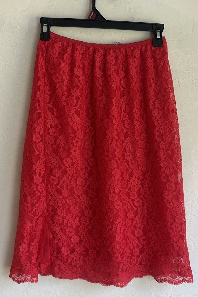 Vintage 1960s Hollywood Vassarette Red Lace Slip Skirt M Nylon Tricot Boudoir