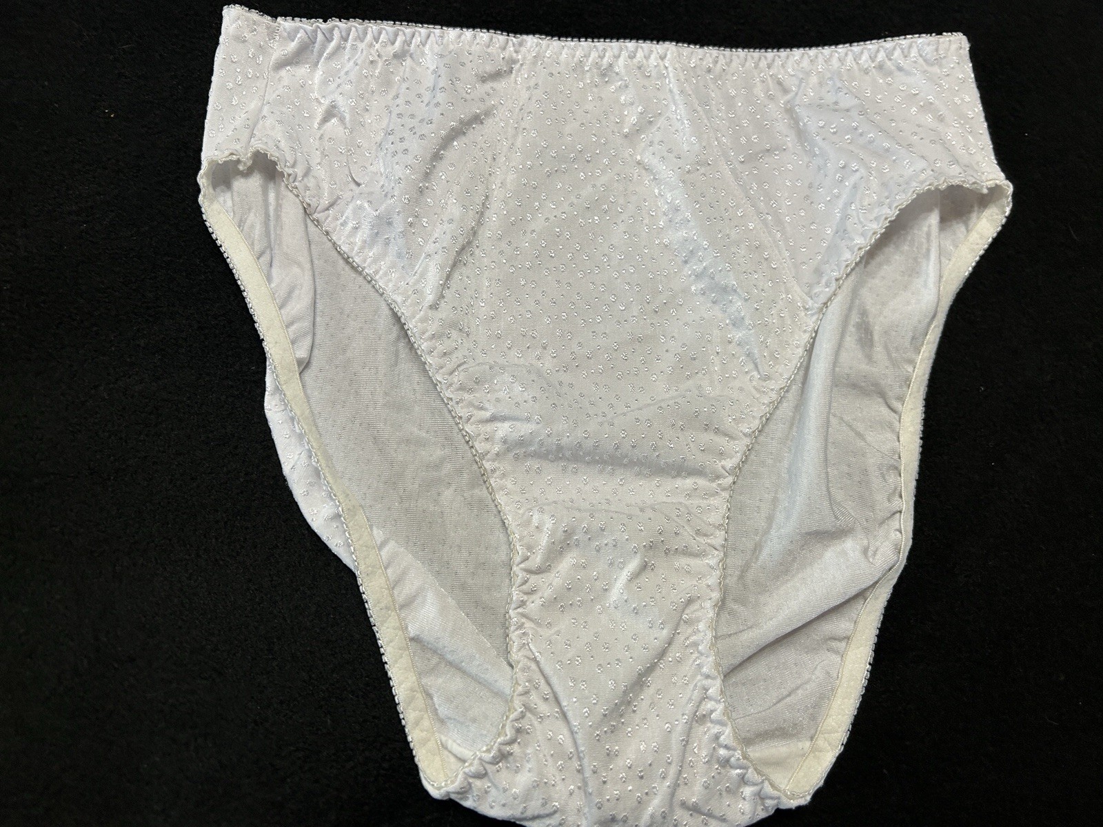 Vtg UNBRANDED Satin Embroidered Dots Hi-Leg Sz 8 White Panties #380